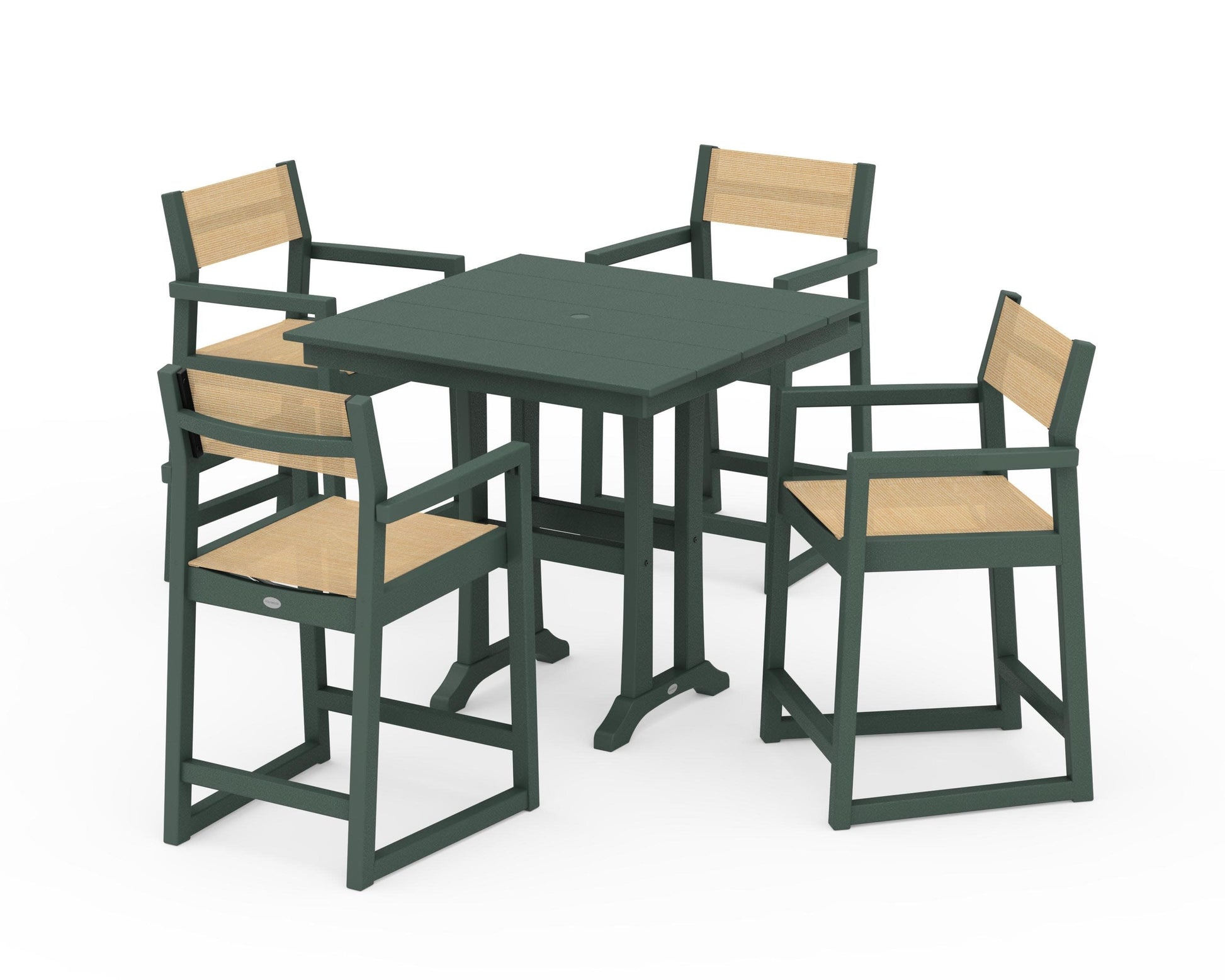 POLYWOOD EDGE Sling Arm Chair 5-Piece Farmhouse Counter Set with Trestle Legs — Green / Dupioni Apricot Sling