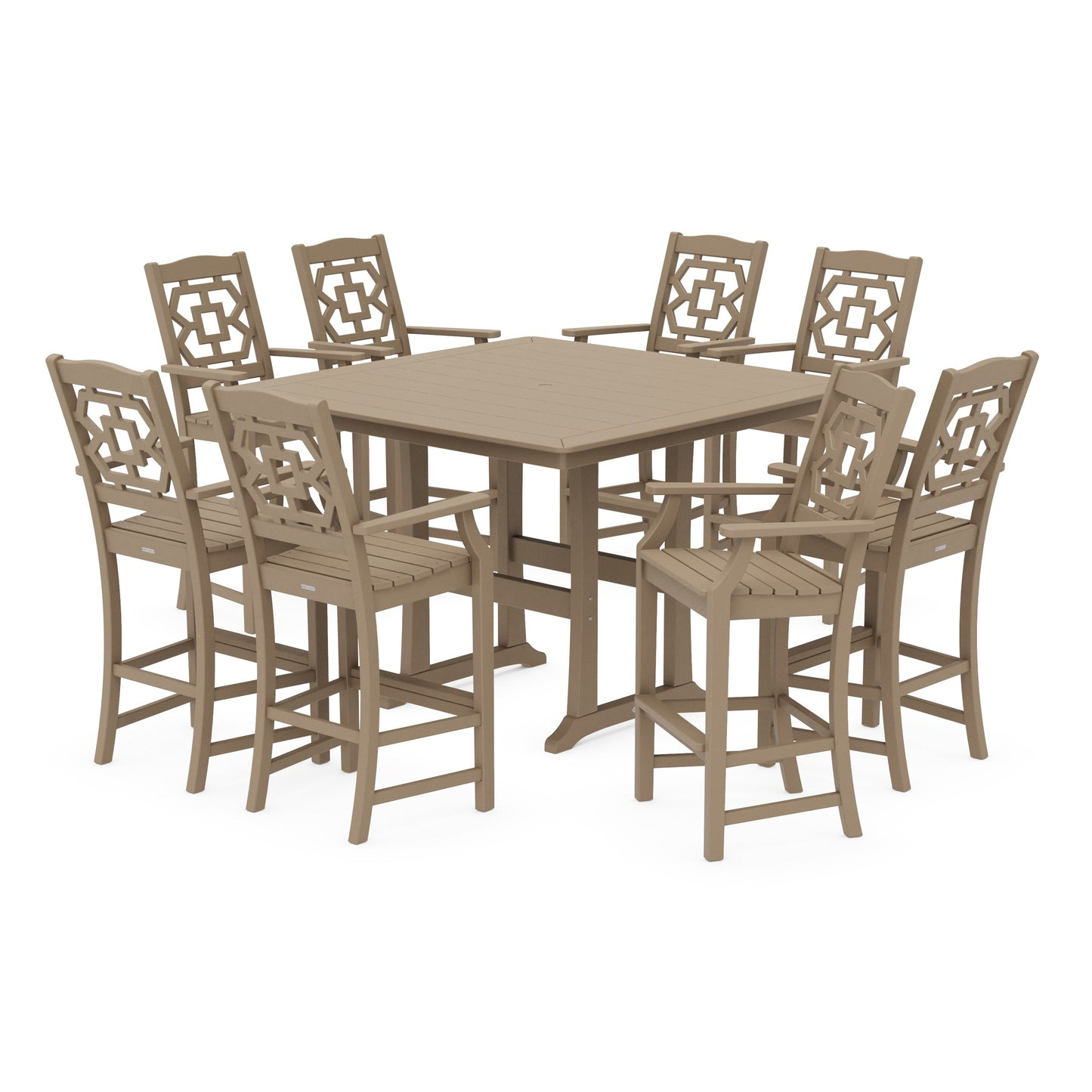 POLYWOOD Chinoiserie 9-Piece Square Side Chair Bar Set with Trestle Legs — Vintage Sahara