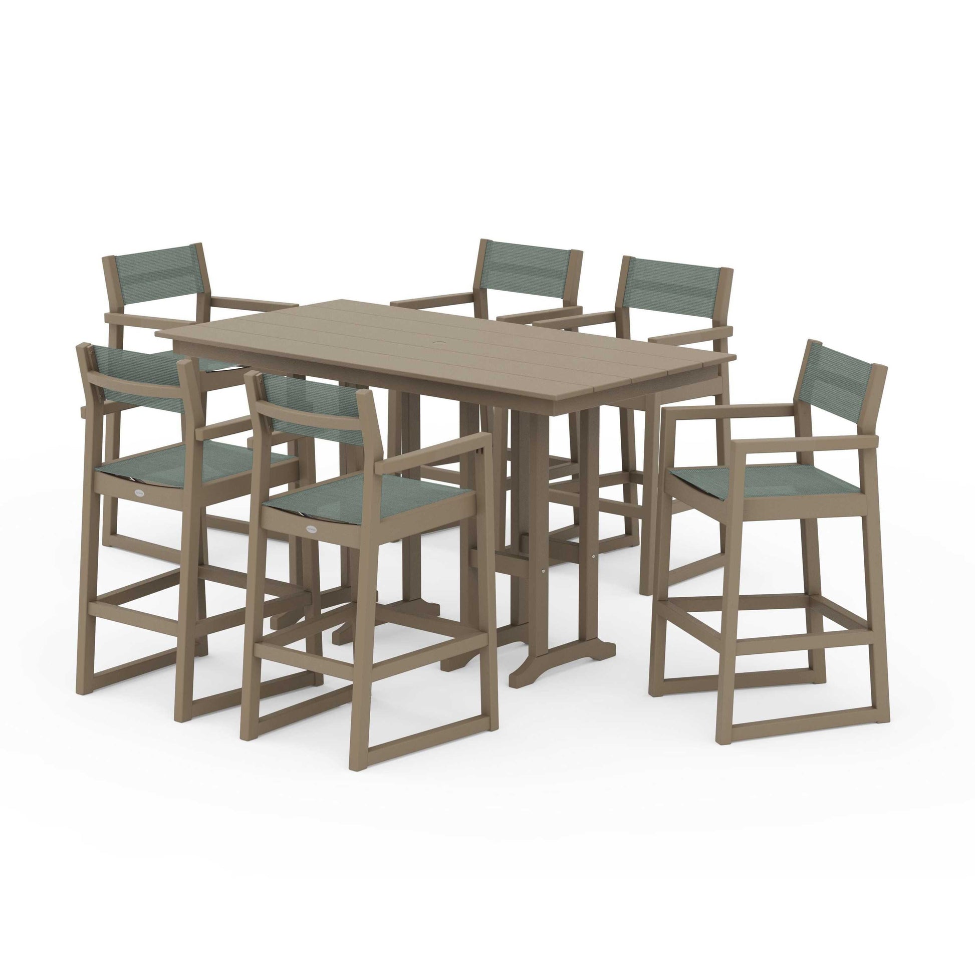 POLYWOOD EDGE Sling Arm Chair 7-Piece Farmhouse Bar Set — Vintage Sahara / Dupioni Sea Mist Sling