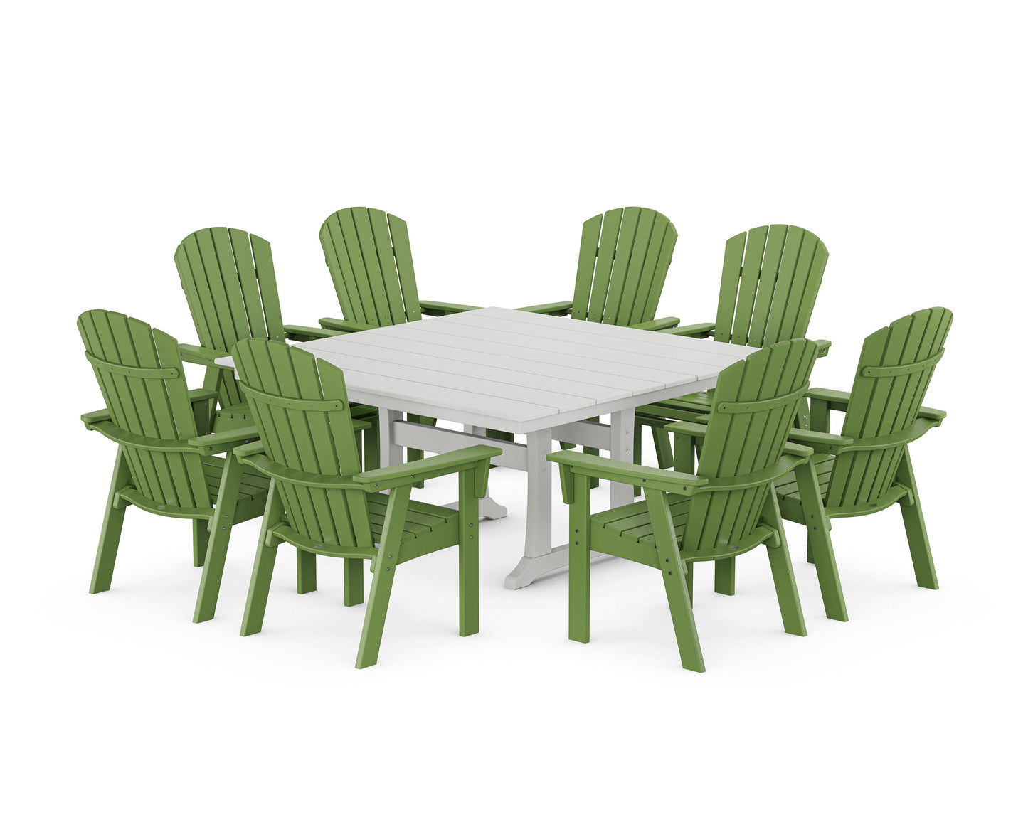 POLYWOOD Nautical Curveback Adirondack 9-Piece Square Dining Set with Trestle Legs — Lime / White