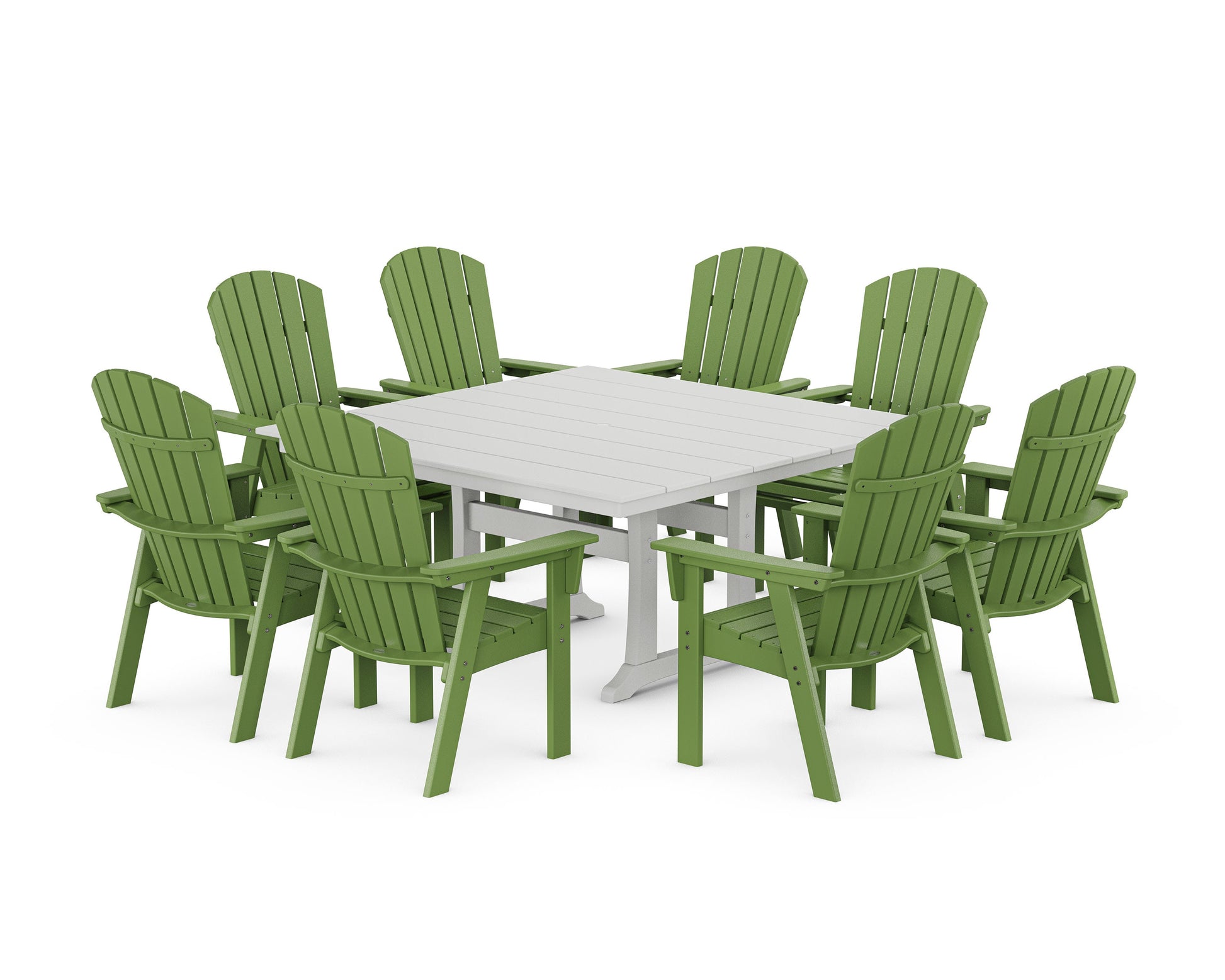 POLYWOOD Nautical Curveback Adirondack 9-Piece Square Dining Set with Trestle Legs — Lime / White
