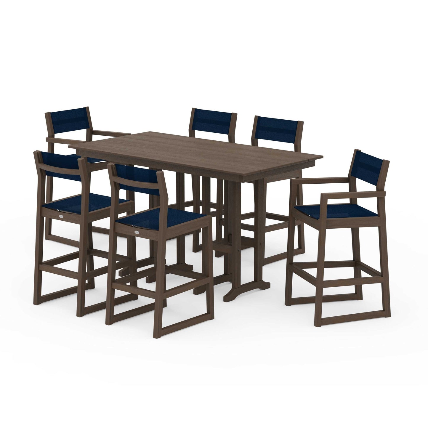 POLYWOOD EDGE Sling 7-Piece Farmhouse Bar Set — Kona / Navy Blue Sling