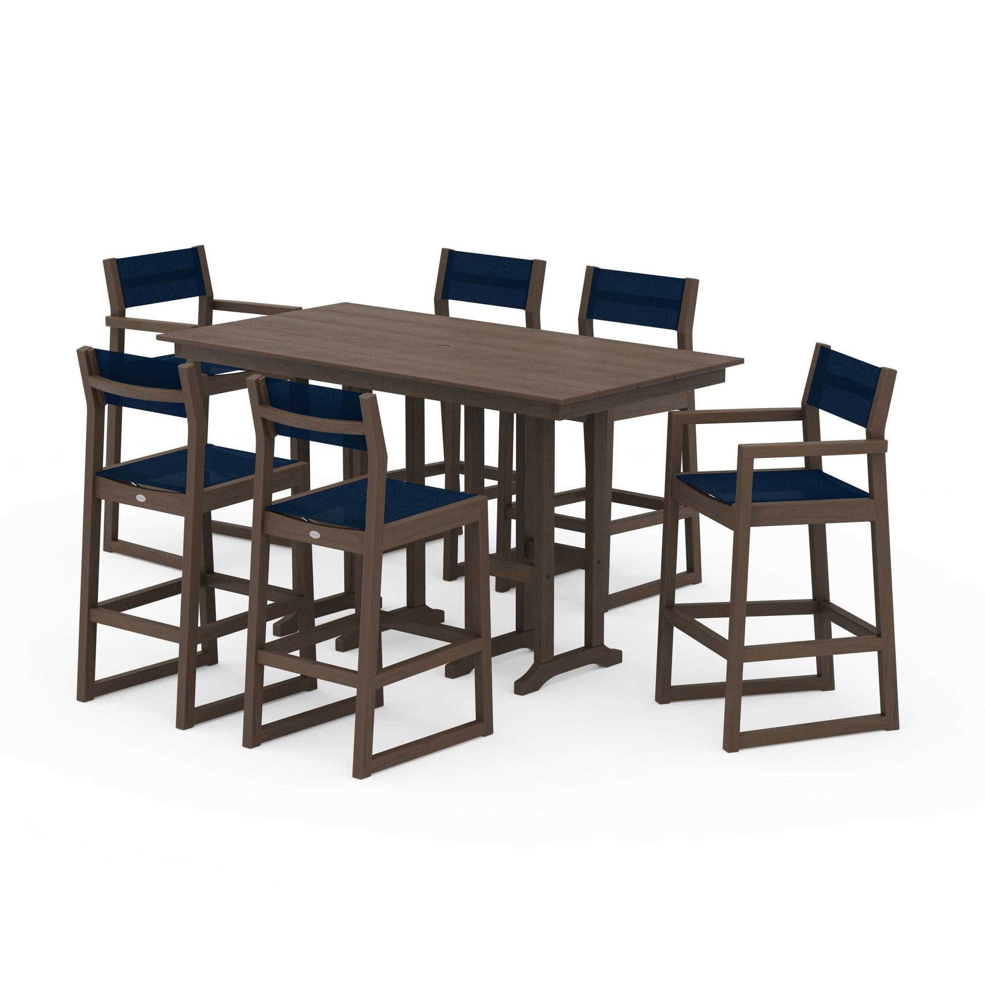 POLYWOOD EDGE Sling 7-Piece Farmhouse Bar Set — Kona / Navy Blue Sling