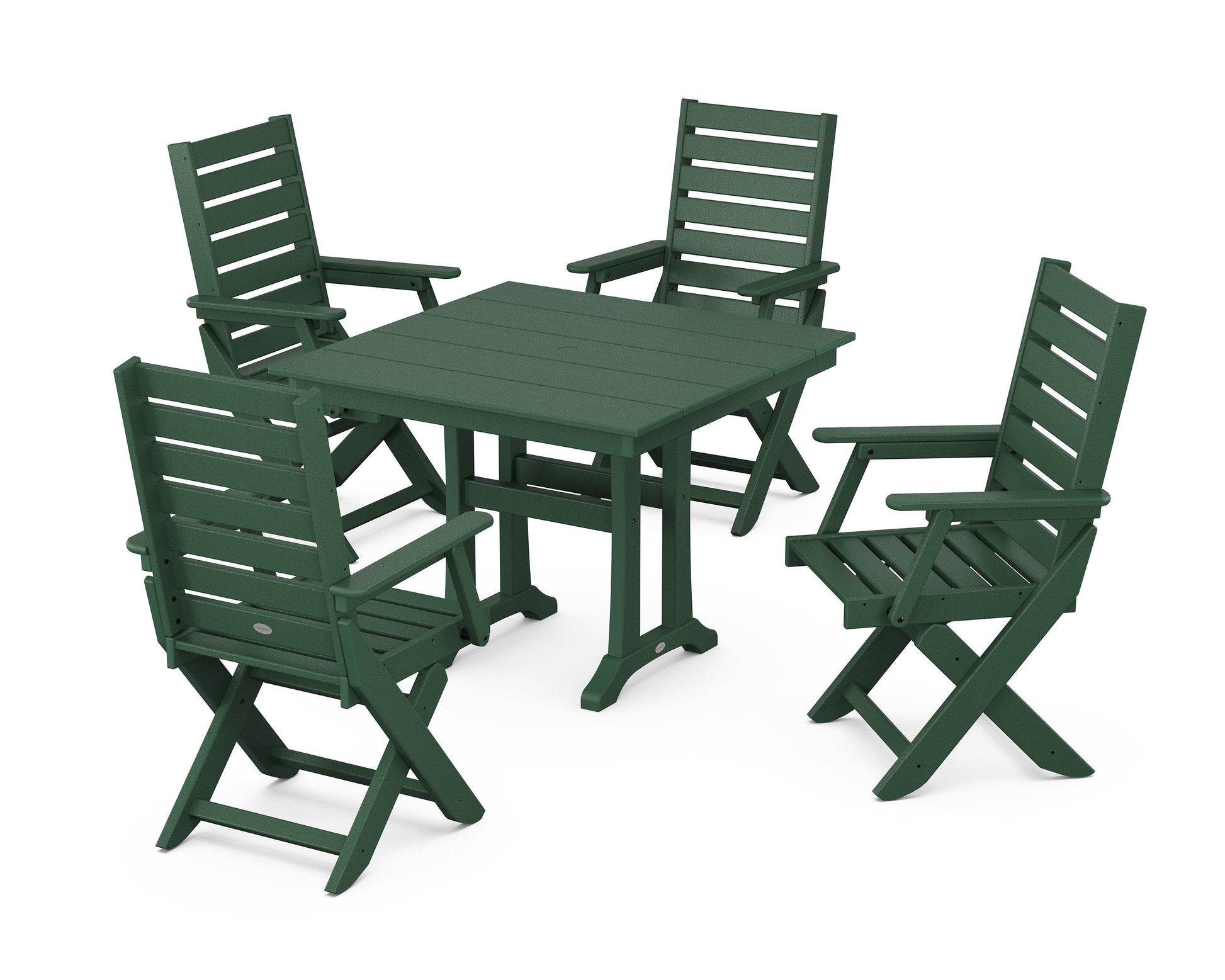 POLYWOOD Captain Folding Chair 5-Piece Farmhouse Dining Set With Trestle Legs — Green