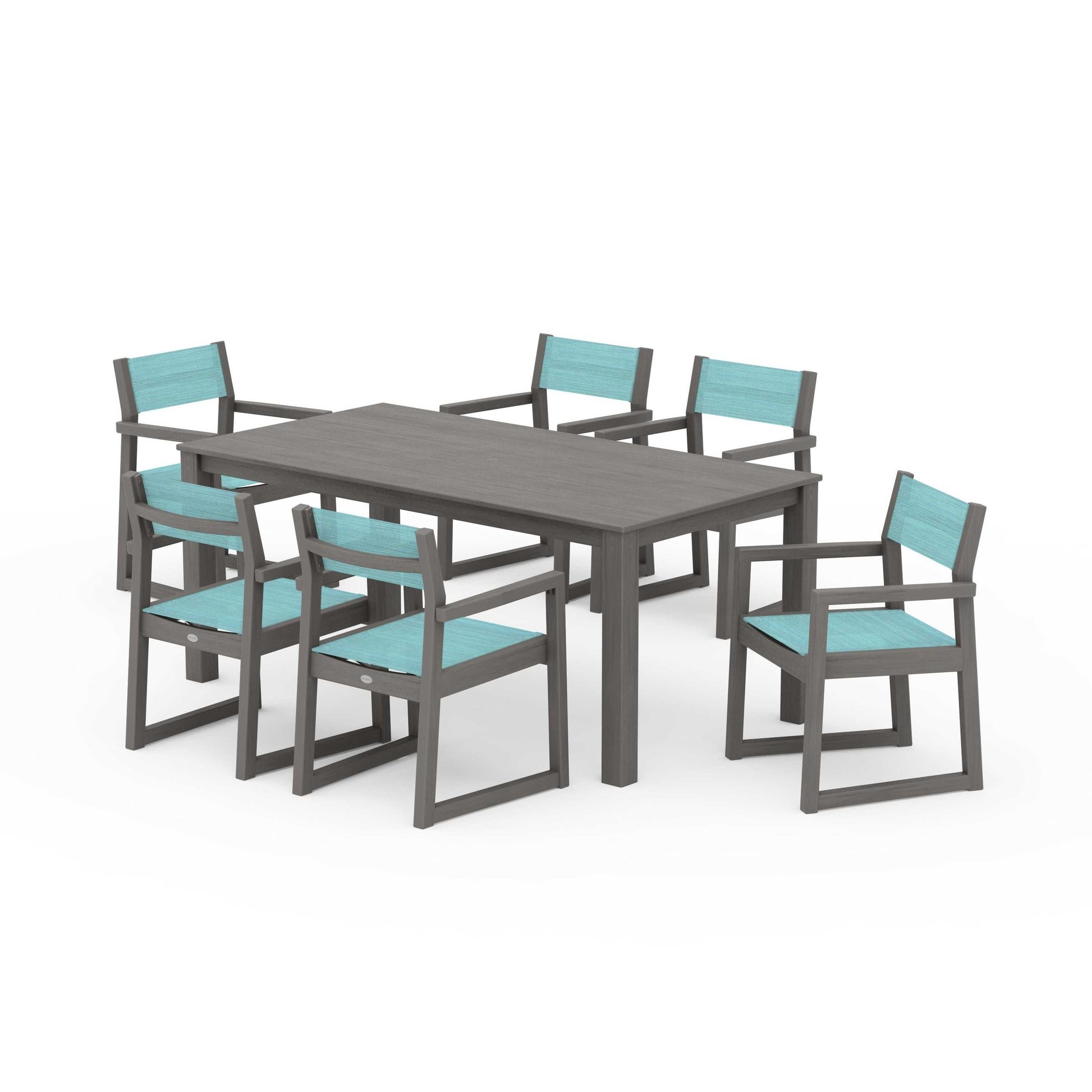 POLYWOOD EDGE Sling Arm Chair 7-Piece Parsons Dining Set — Driftwood / Dupioni Aquamarine Sling