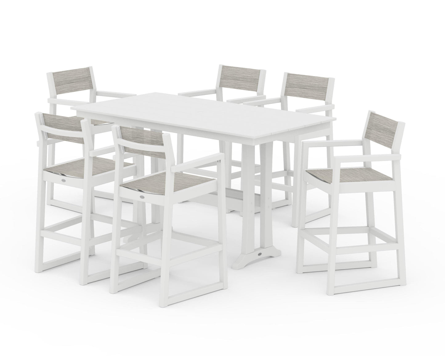 POLYWOOD EDGE Sling Arm Chair 7-Piece Farmhouse Bar Set with Trestle Legs — White / Birch Sling