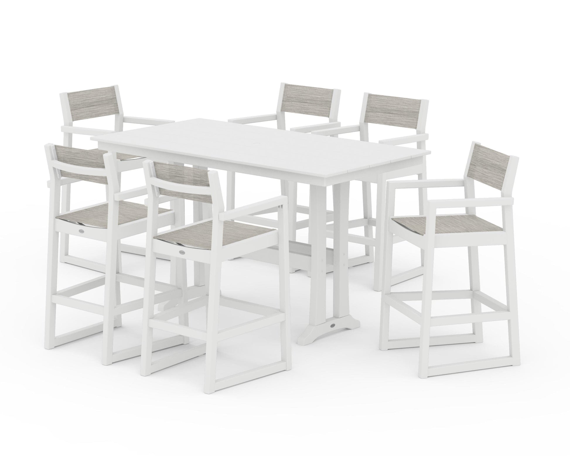 POLYWOOD EDGE Sling Arm Chair 7-Piece Farmhouse Bar Set with Trestle Legs — White / Birch Sling