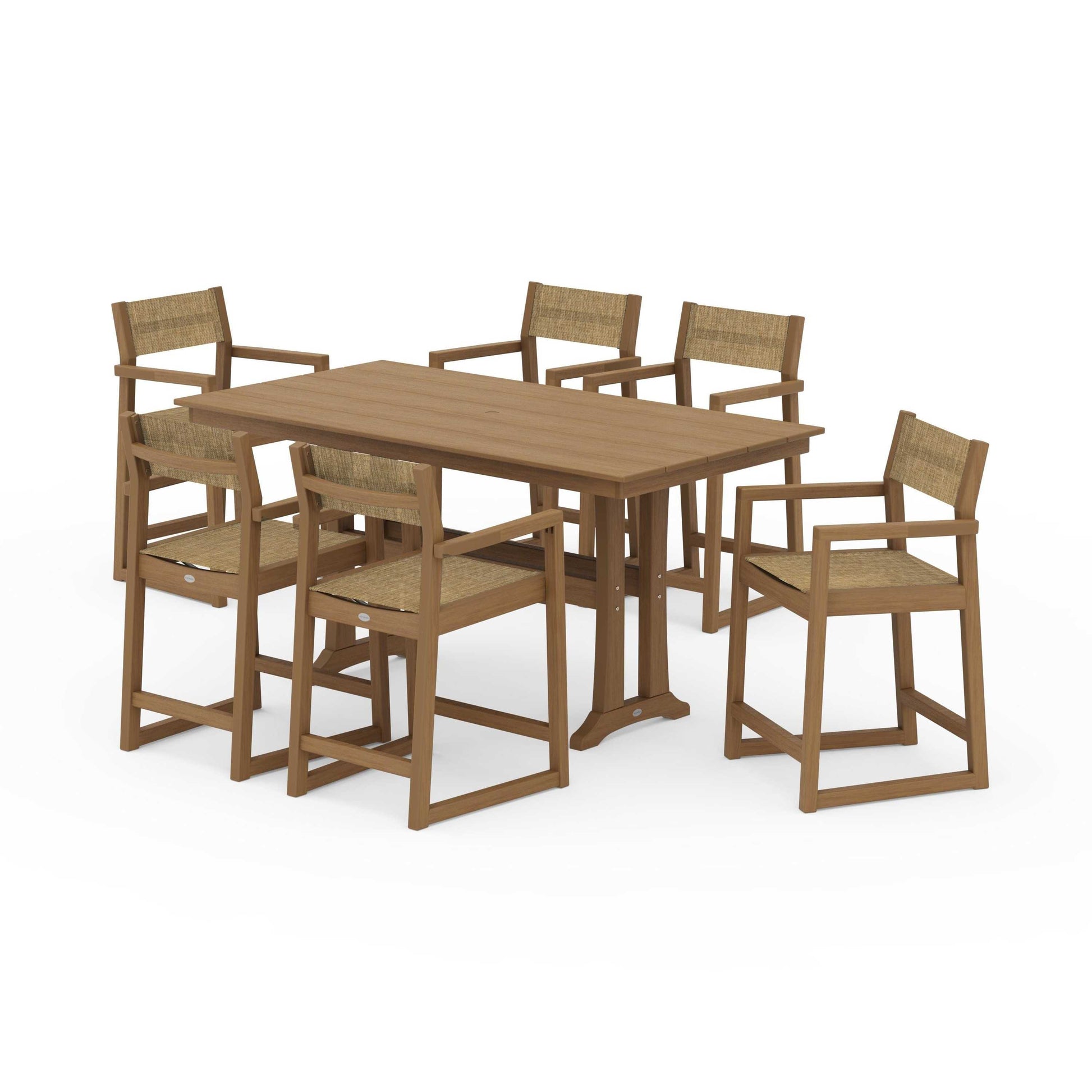 POLYWOOD EDGE Sling Arm Chair 7-Piece Farmhouse Counter Set with Trestle Legs — Natural / Burlap Sling