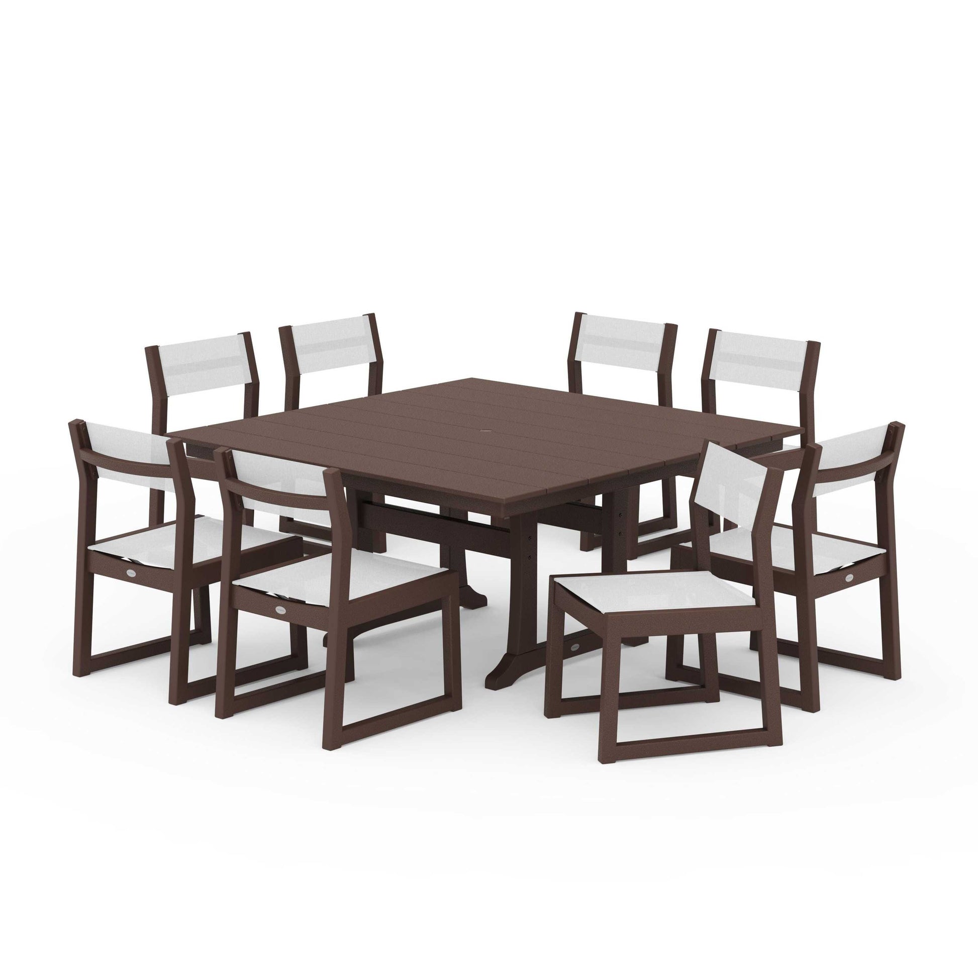 POLYWOOD EDGE Sling Side Chair 9-Piece Farmhouse Trestle Dining Set — Mahogany / White Sling
