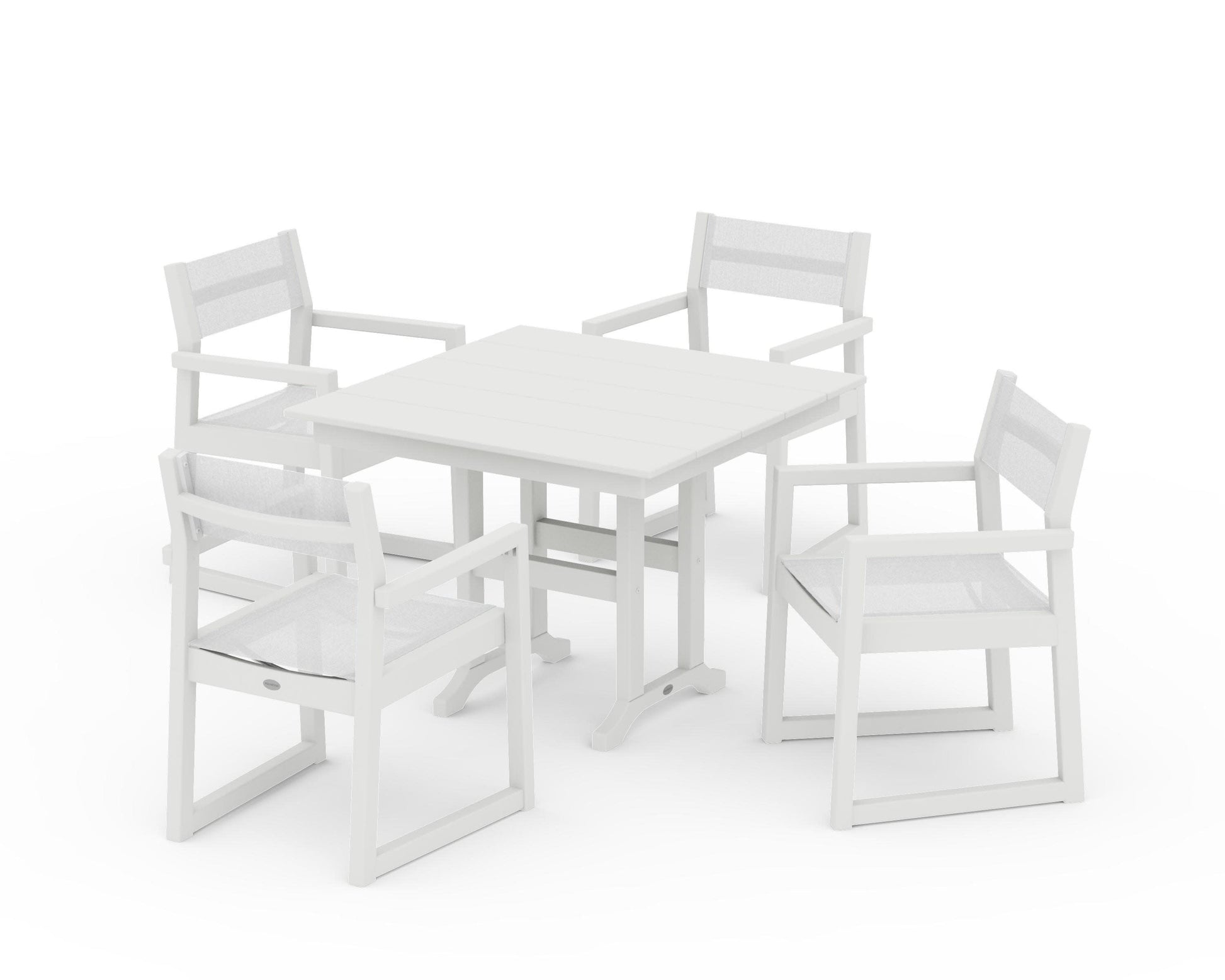 POLYWOOD EDGE Sling Arm Chair 5-Piece Farmhouse Dining Set — Vintage White / White Sling