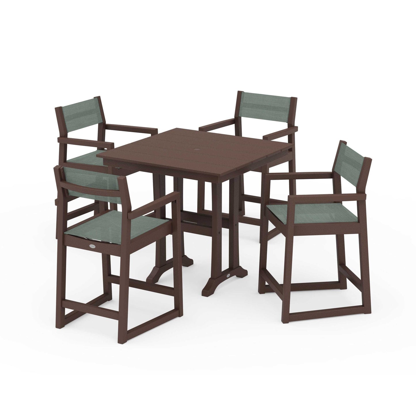 POLYWOOD EDGE Sling Arm Chair 5-Piece Farmhouse Counter Set with Trestle Legs — Mahogany / Dupioni Sea Mist Sling
