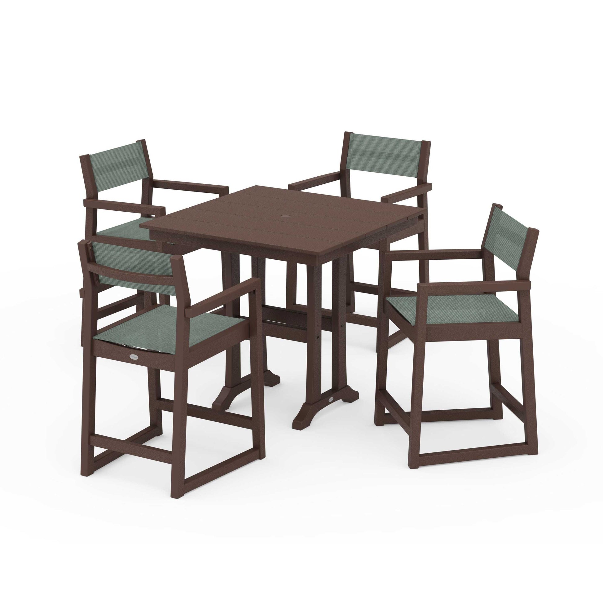 POLYWOOD EDGE Sling Arm Chair 5-Piece Farmhouse Counter Set with Trestle Legs — Mahogany / Dupioni Sea Mist Sling