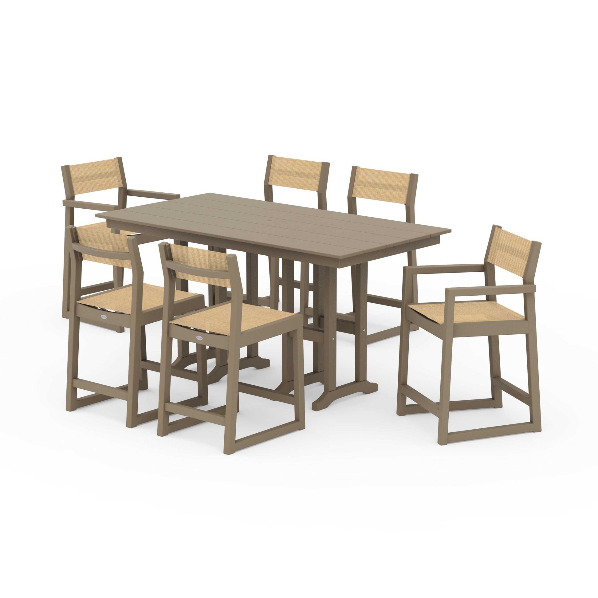 POLYWOOD EDGE Sling 7-Piece Farmhouse Counter Set with Trestle Legs — Vintage Sahara / Dupioni Apricot Sling