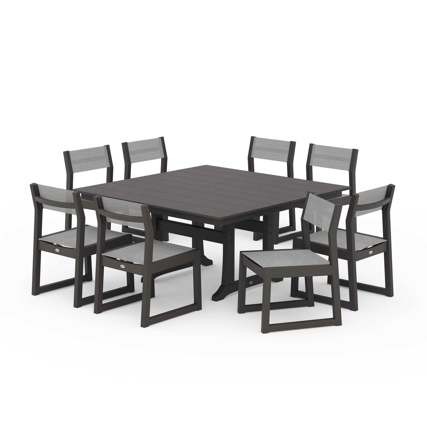 POLYWOOD EDGE Sling Side Chair 9-Piece Farmhouse Trestle Dining Set — Vintage Coffee / Metallic Sling