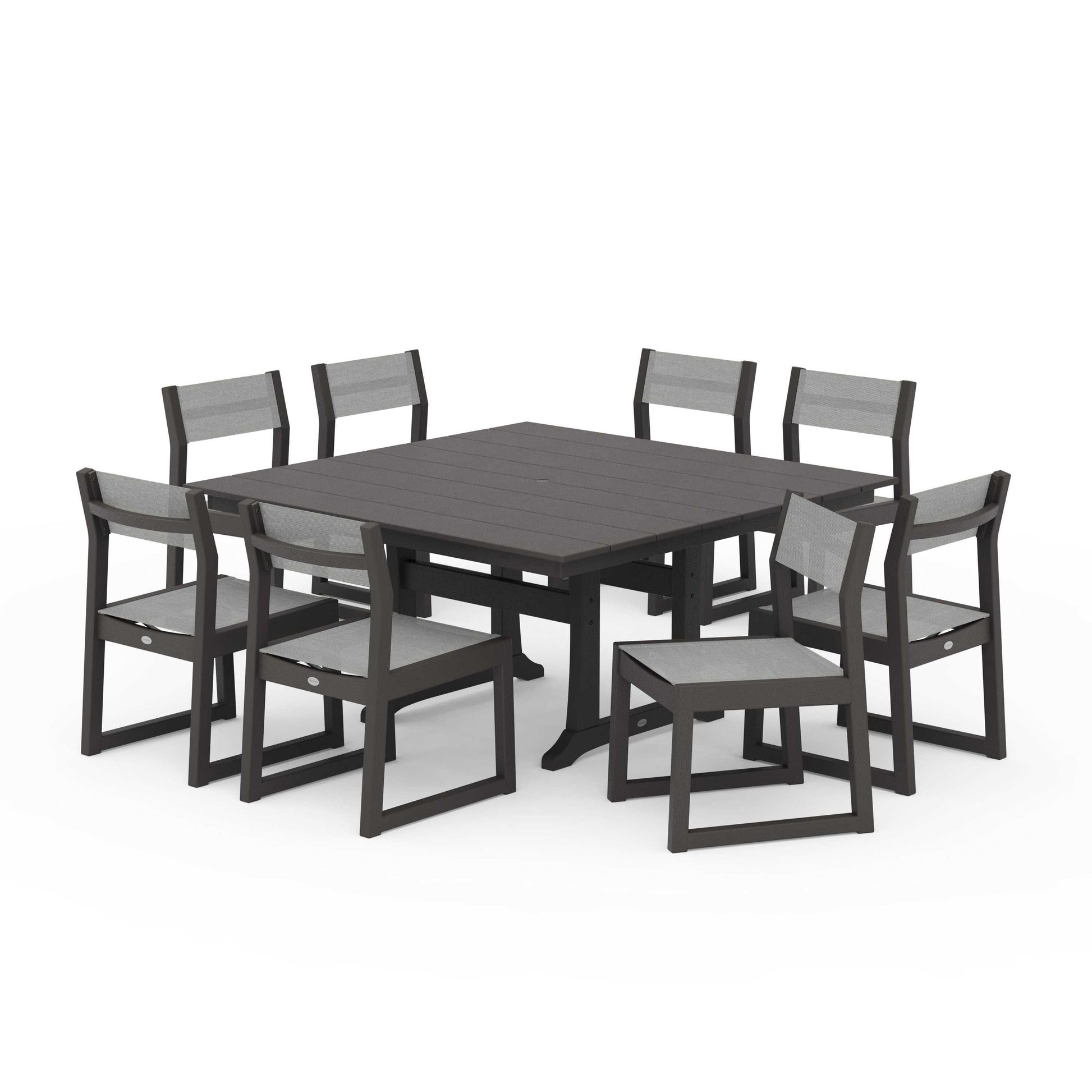POLYWOOD EDGE Sling Side Chair 9-Piece Farmhouse Trestle Dining Set — Vintage Coffee / Metallic Sling