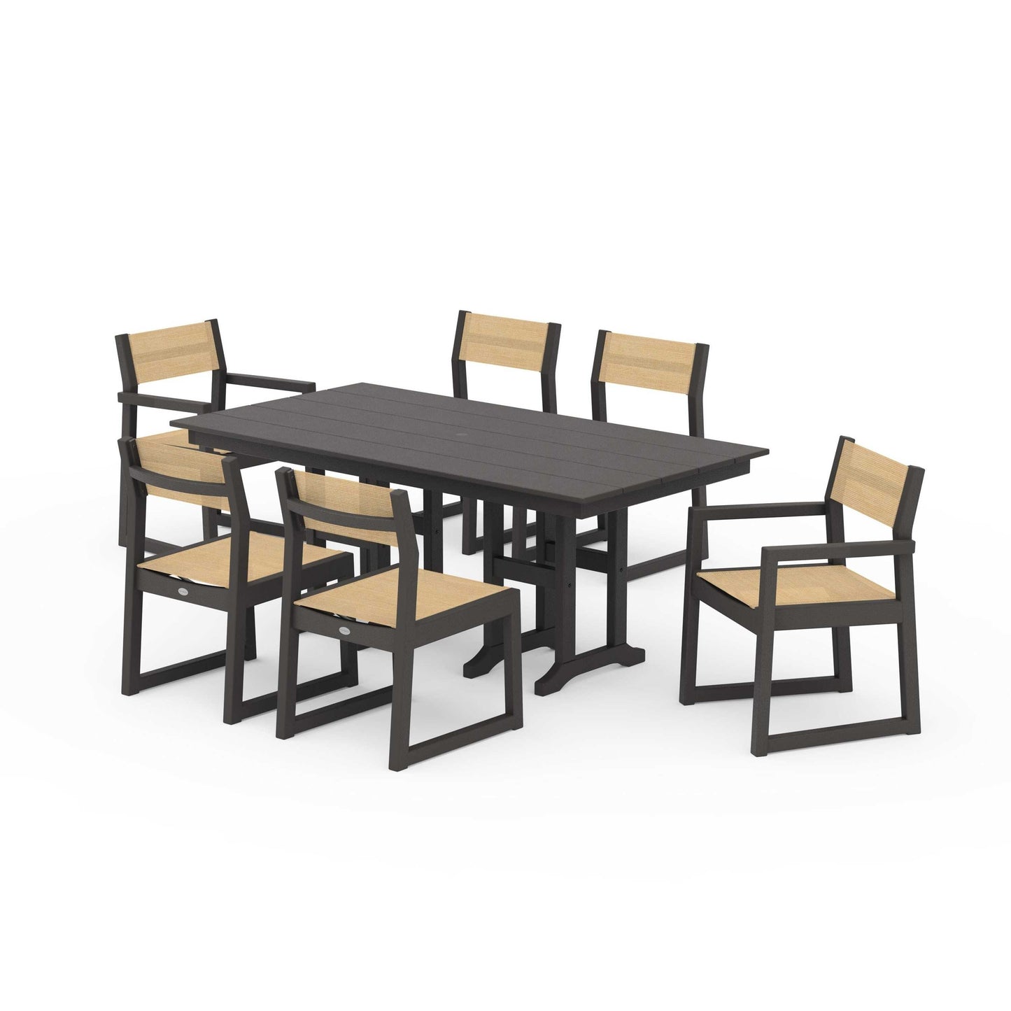 POLYWOOD EDGE Sling 7-Piece Farmhouse Dining Set — Vintage Coffee / Dupioni Apricot Sling