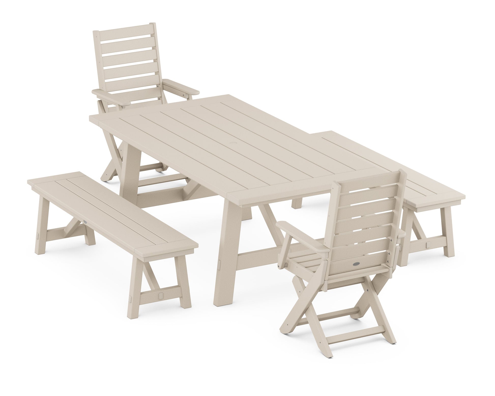 POLYWOOD Captain Folding Chair 5-Piece Rustic Farmhouse Dining Set With Benches — Sand