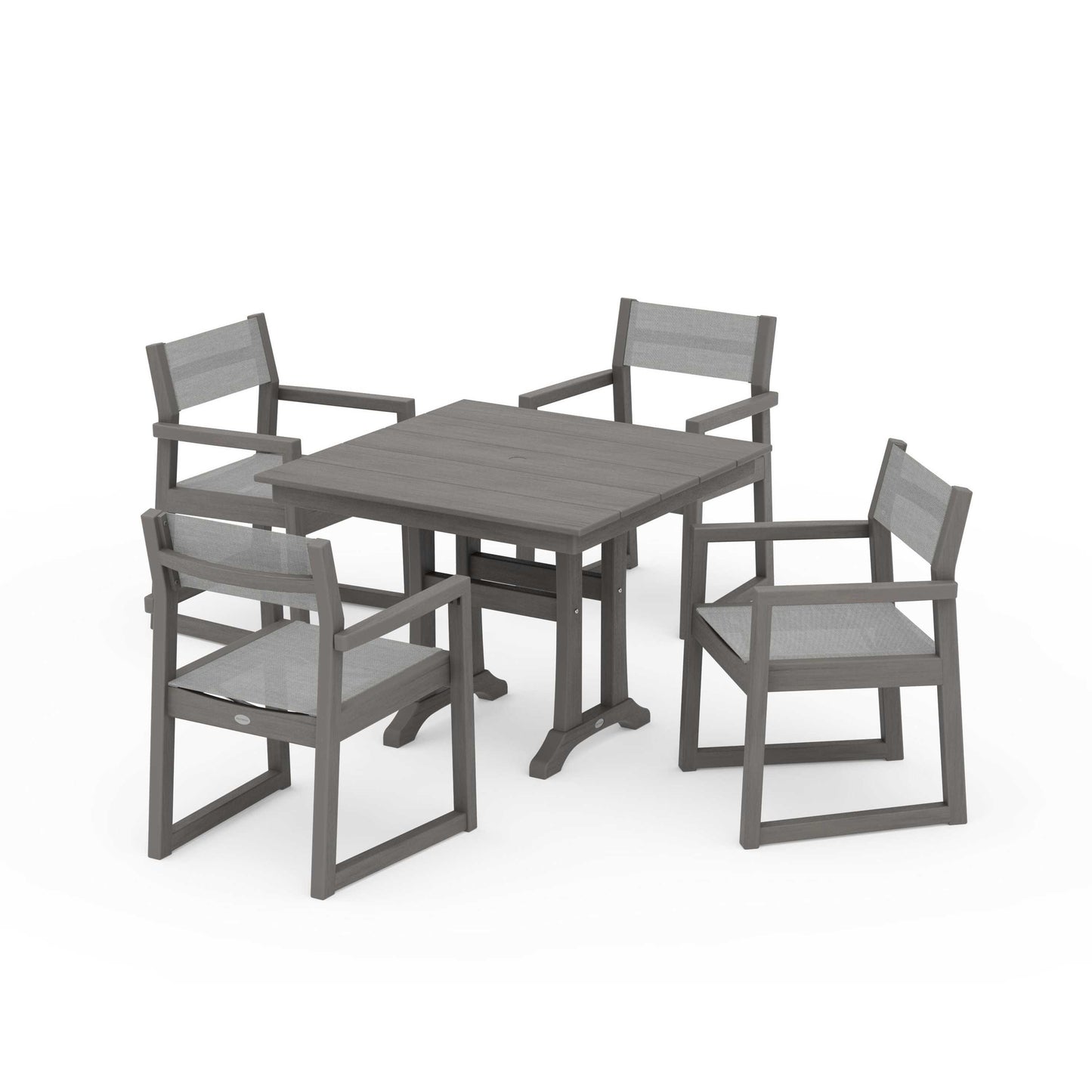 POLYWOOD EDGE Sling 5-Piece Farmhouse Dining Set with Trestle Legs — Driftwood / Metallic Sling