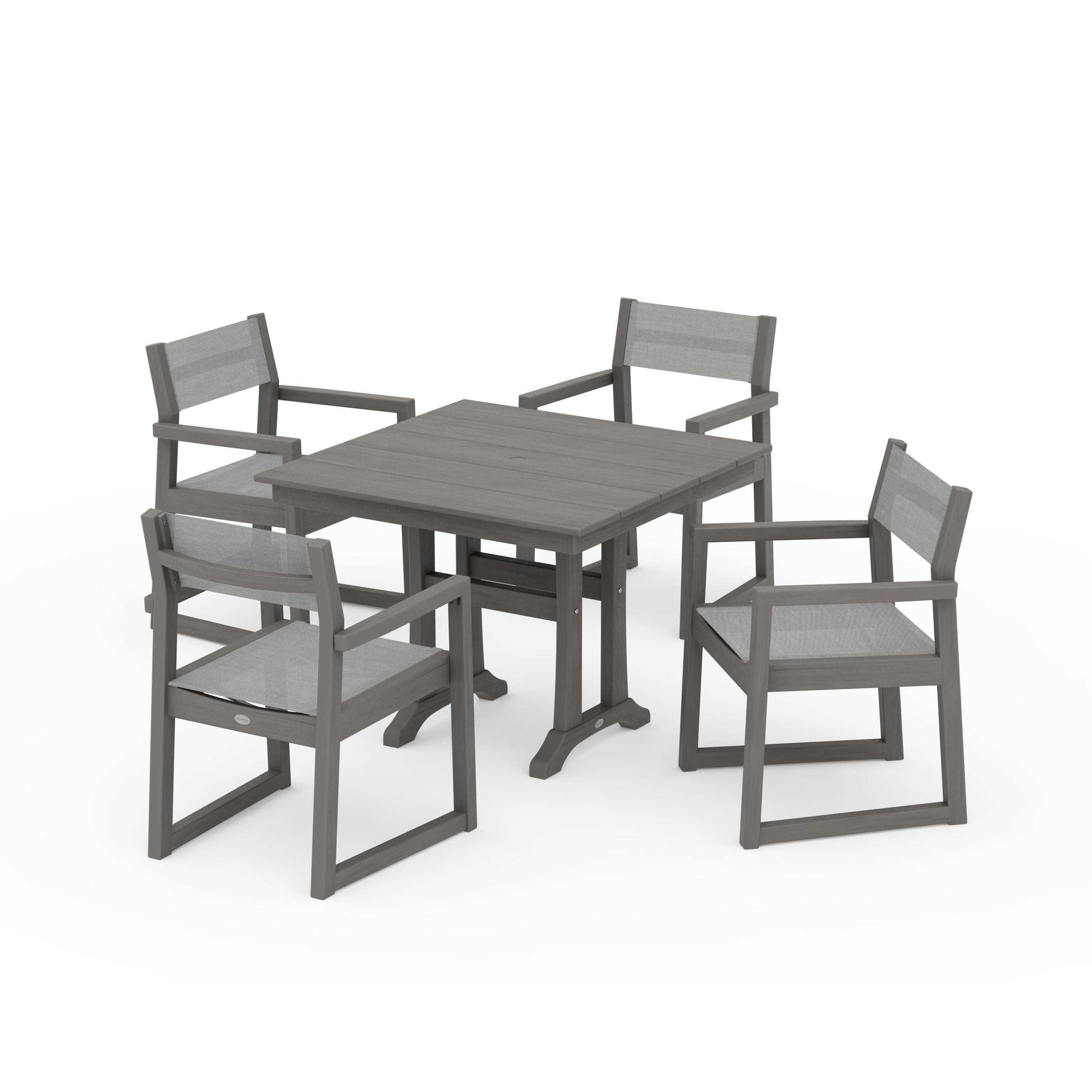 POLYWOOD EDGE Sling 5-Piece Farmhouse Dining Set with Trestle Legs — Driftwood / Metallic Sling