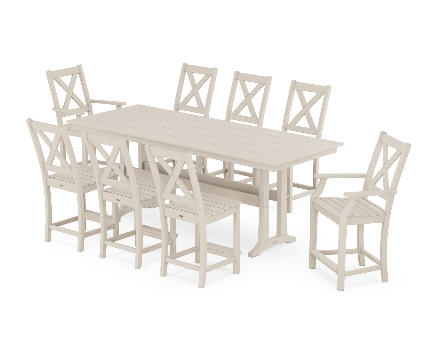 POLYWOOD Braxton 9-Piece Farmhouse Counter Set with Trestle Legs — Sand