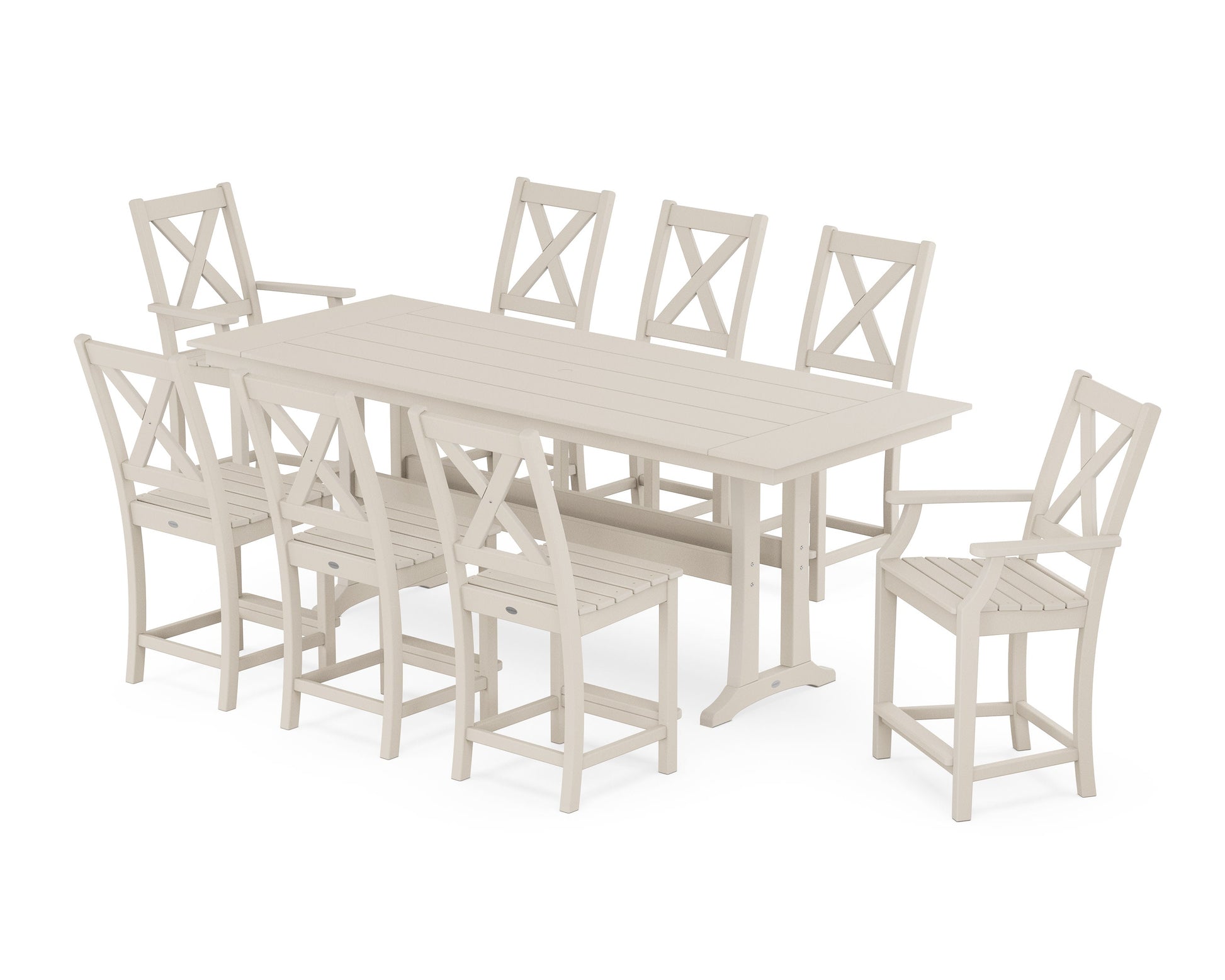 POLYWOOD Braxton 9-Piece Farmhouse Counter Set with Trestle Legs — Sand