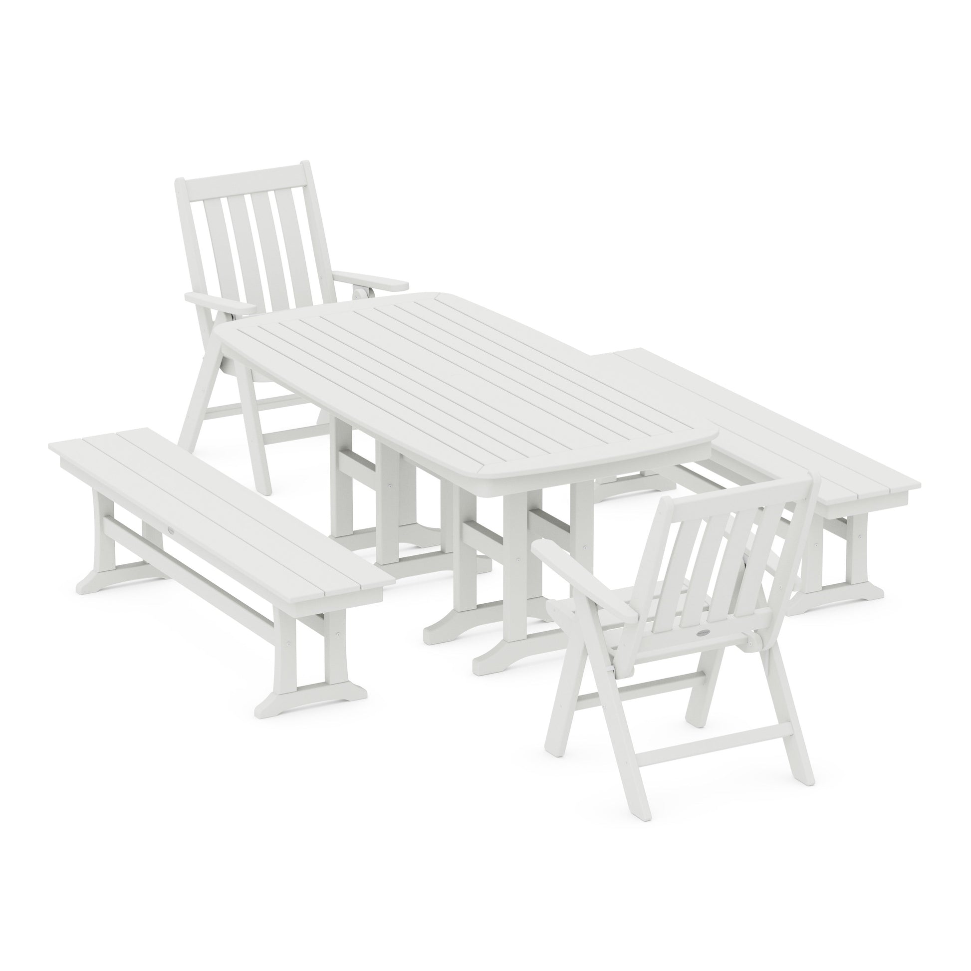 POLYWOOD Vineyard Folding Chair 6-Piece Dining Set with Benches — Vintage White