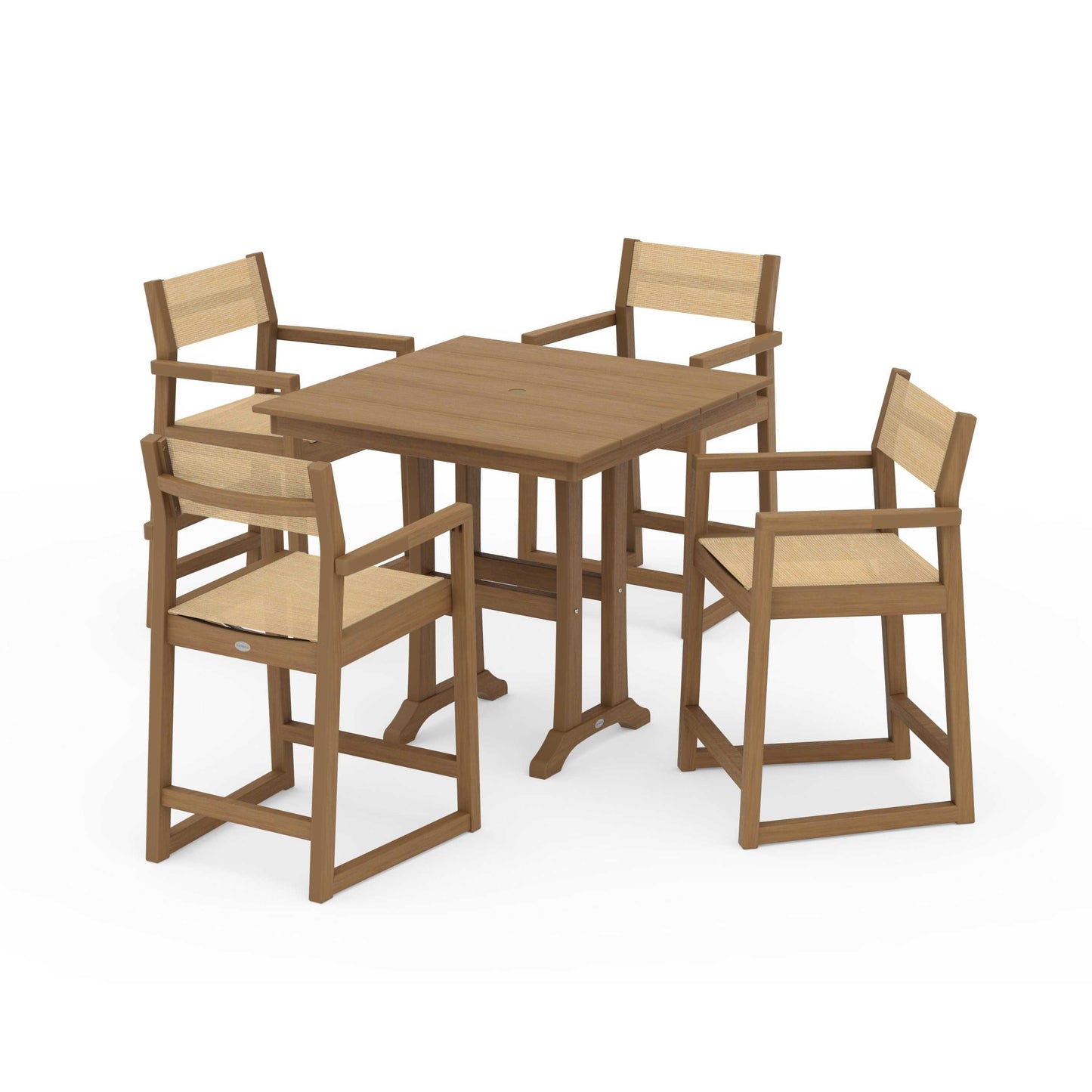 POLYWOOD EDGE Sling Arm Chair 5-Piece Farmhouse Counter Set with Trestle Legs — Natural / Dupioni Apricot Sling