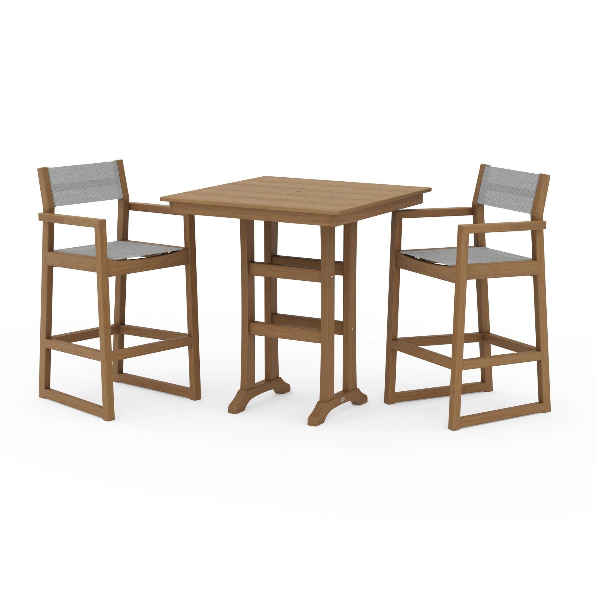 POLYWOOD EDGE Sling Arm Chair 3-Piece Farmhouse Bar Set with Trestle Legs — Natural / Metallic Sling