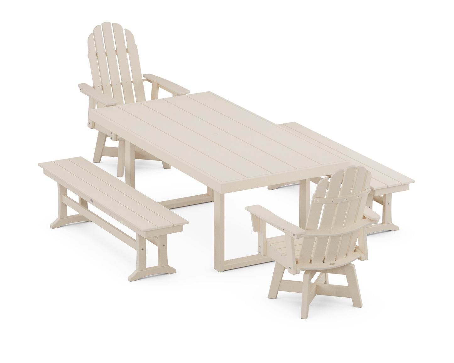 POLYWOOD Vineyard Curveback Adirondack Swivel Chair 5-Piece Dining Set with Benches — Sand