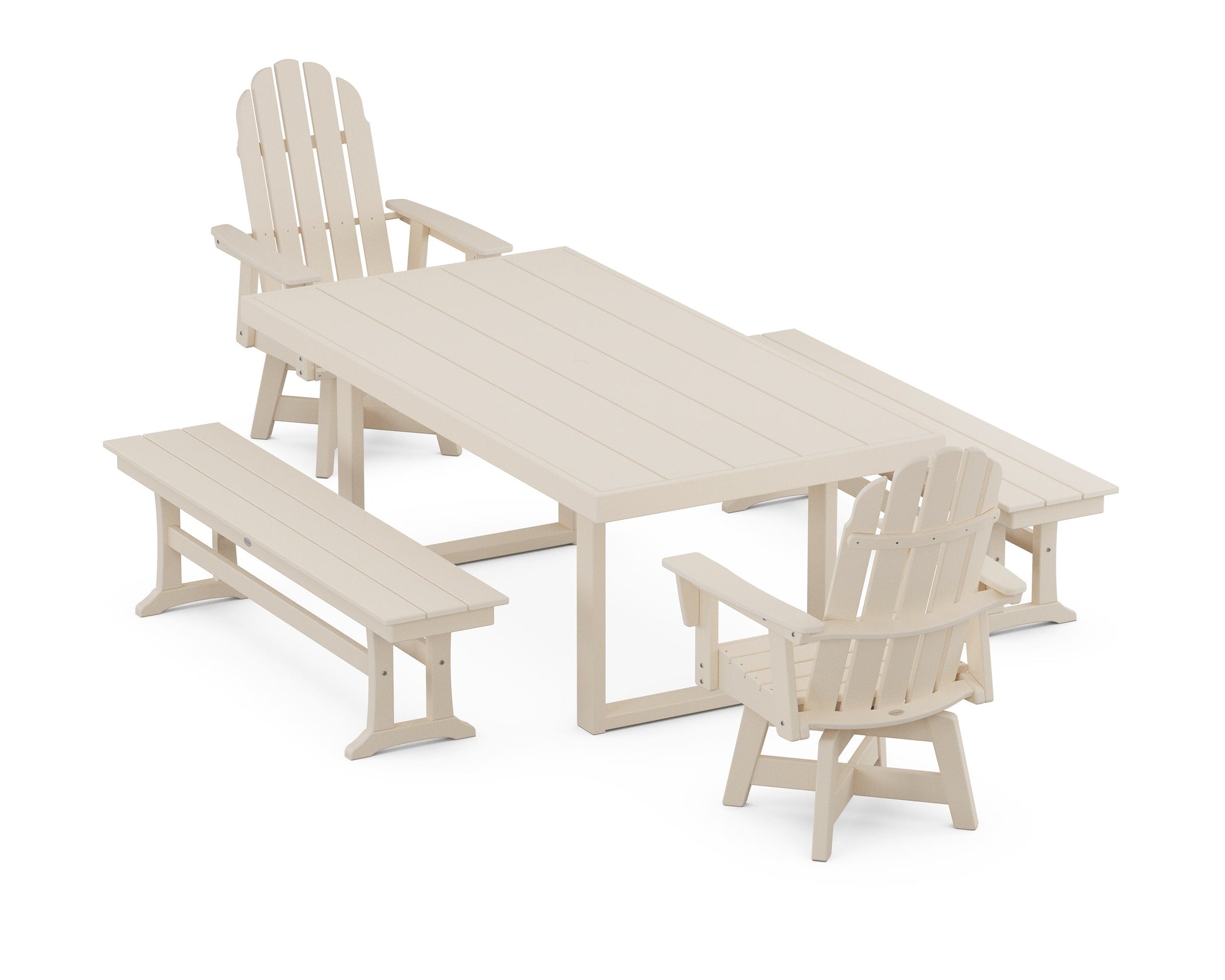 POLYWOOD Vineyard Curveback Adirondack Swivel Chair 5-Piece Dining Set with Benches — Sand