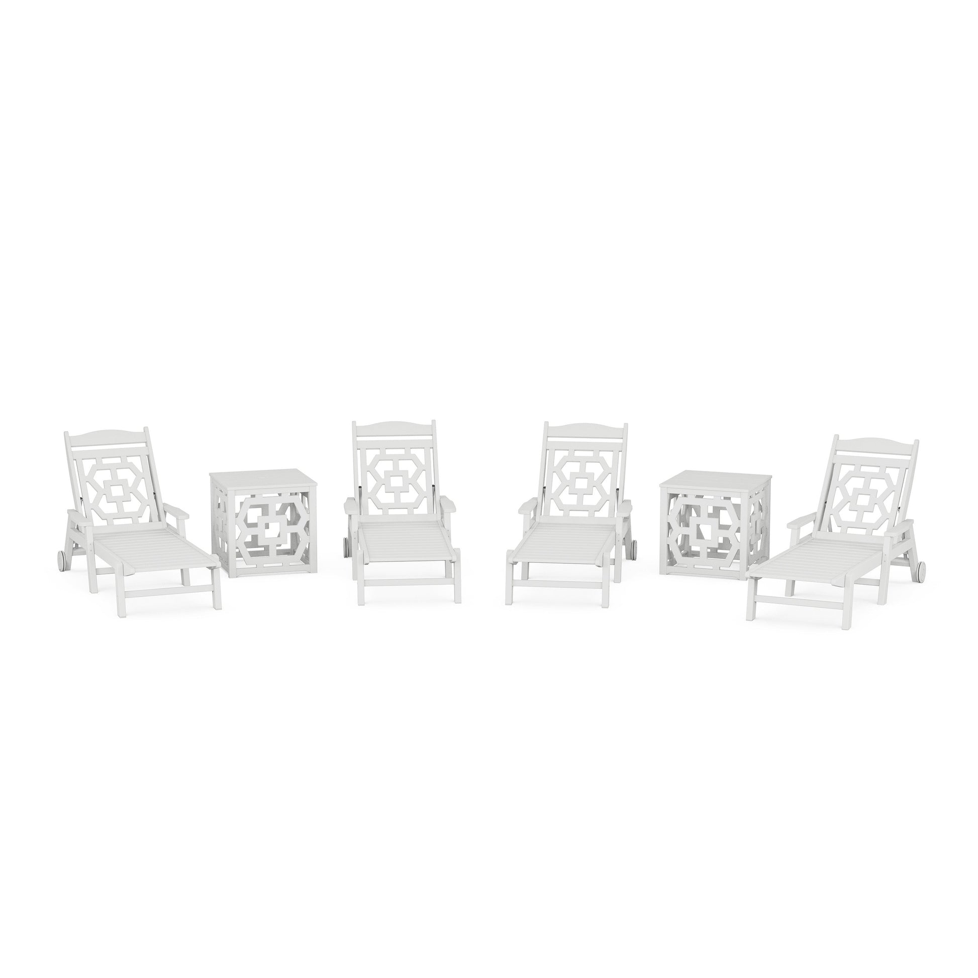 POLYWOOD Chinoiserie 6-Piece Chaise Set with Umbrella Stand Accent Table — White