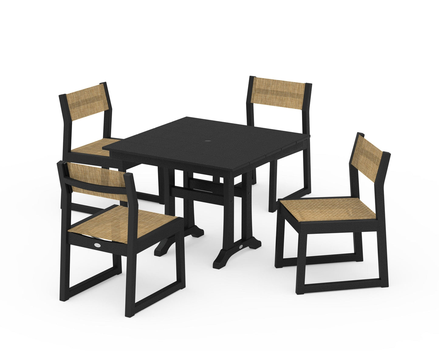 POLYWOOD EDGE Sling 5-Piece Farmhouse Trestle Side Chair Dining Set — Black / Burlap Sling