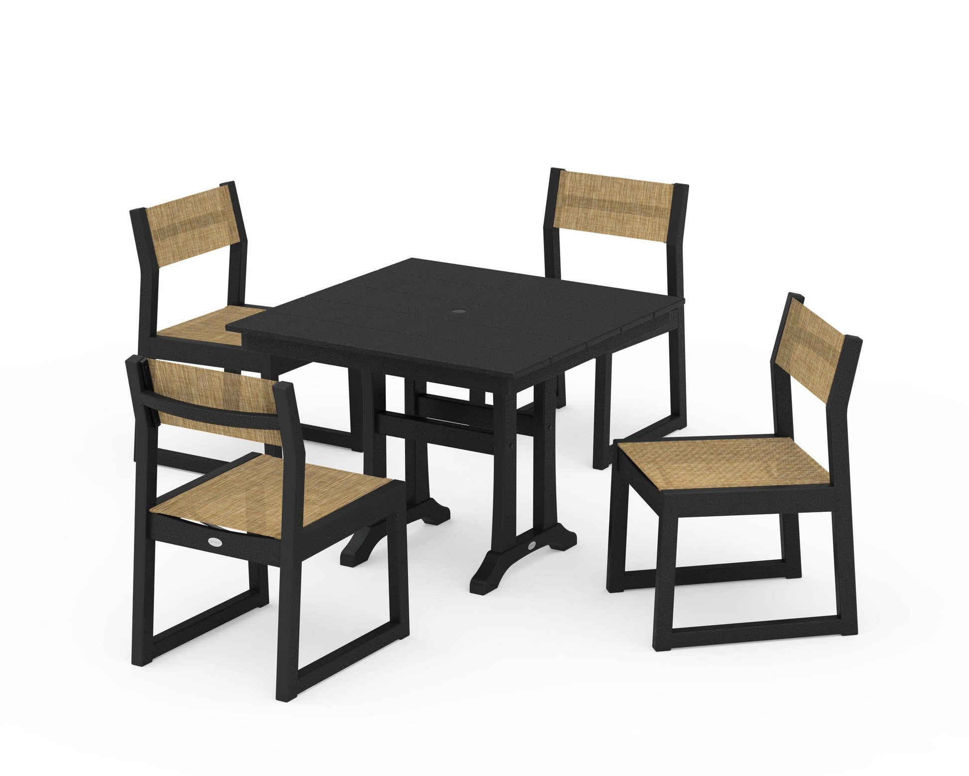 POLYWOOD EDGE Sling 5-Piece Farmhouse Trestle Side Chair Dining Set — Black / Burlap Sling