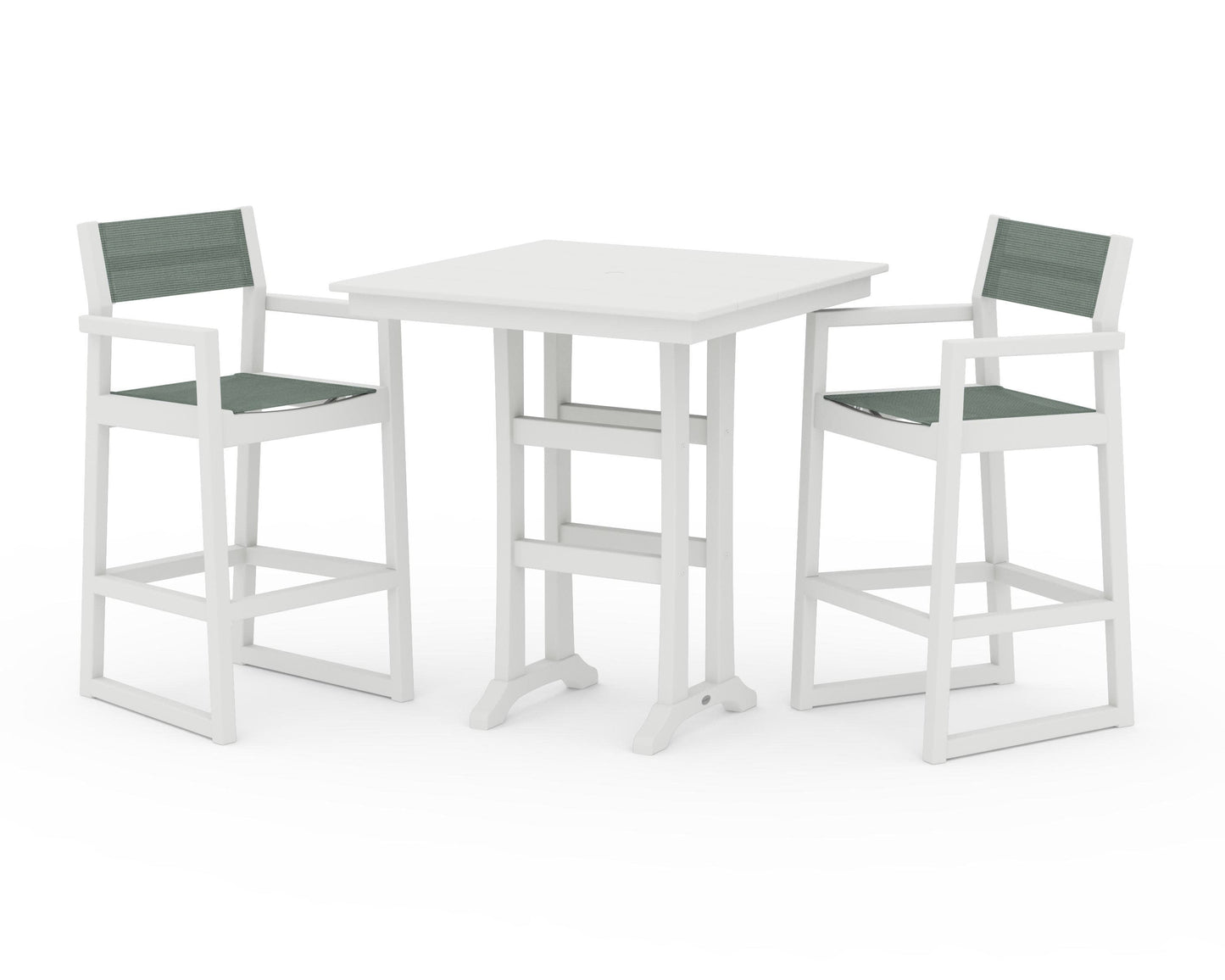 POLYWOOD EDGE Sling Arm Chair 3-Piece Farmhouse Bar Set with Trestle Legs — Vintage White / Dupioni Sea Mist Sling