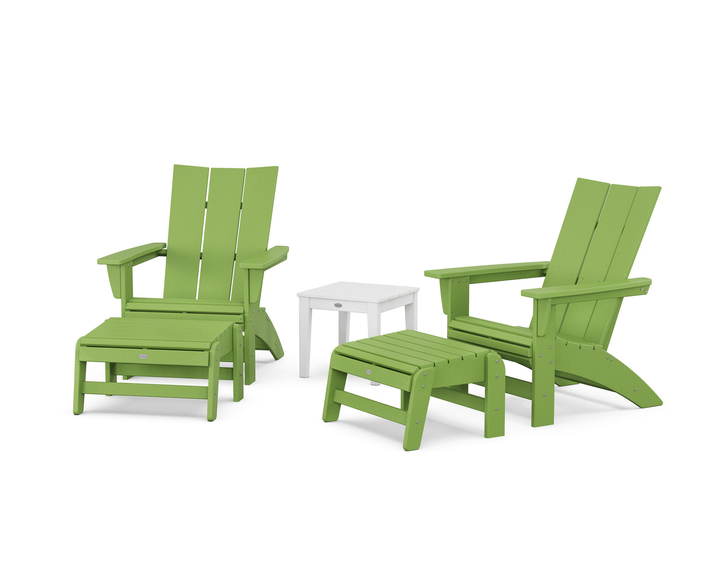POLYWOOD 5-Piece Modern Grand Adirondack Set with Ottomans and Side Table — Lime / White