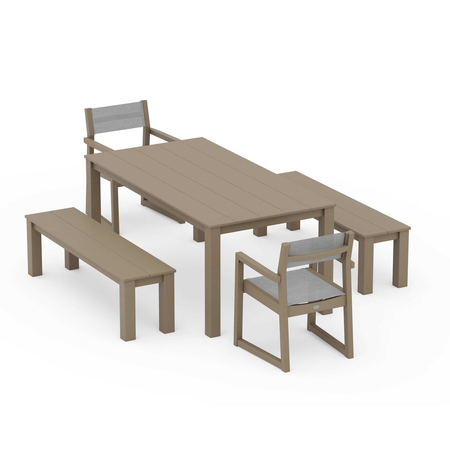 POLYWOOD EDGE Sling Arm Chair 5-Piece Parsons Dining Set with Benches — Vintage Sahara / Metallic Sling