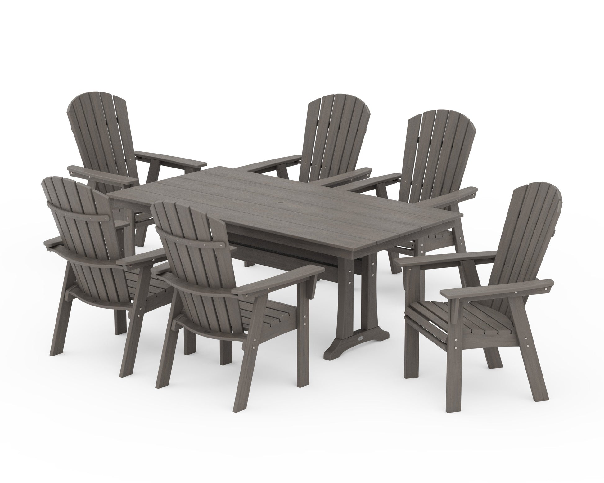 POLYWOOD Nautical Curveback Adirondack 7-Piece Farmhouse Dining Set with Trestle Legs — Driftwood