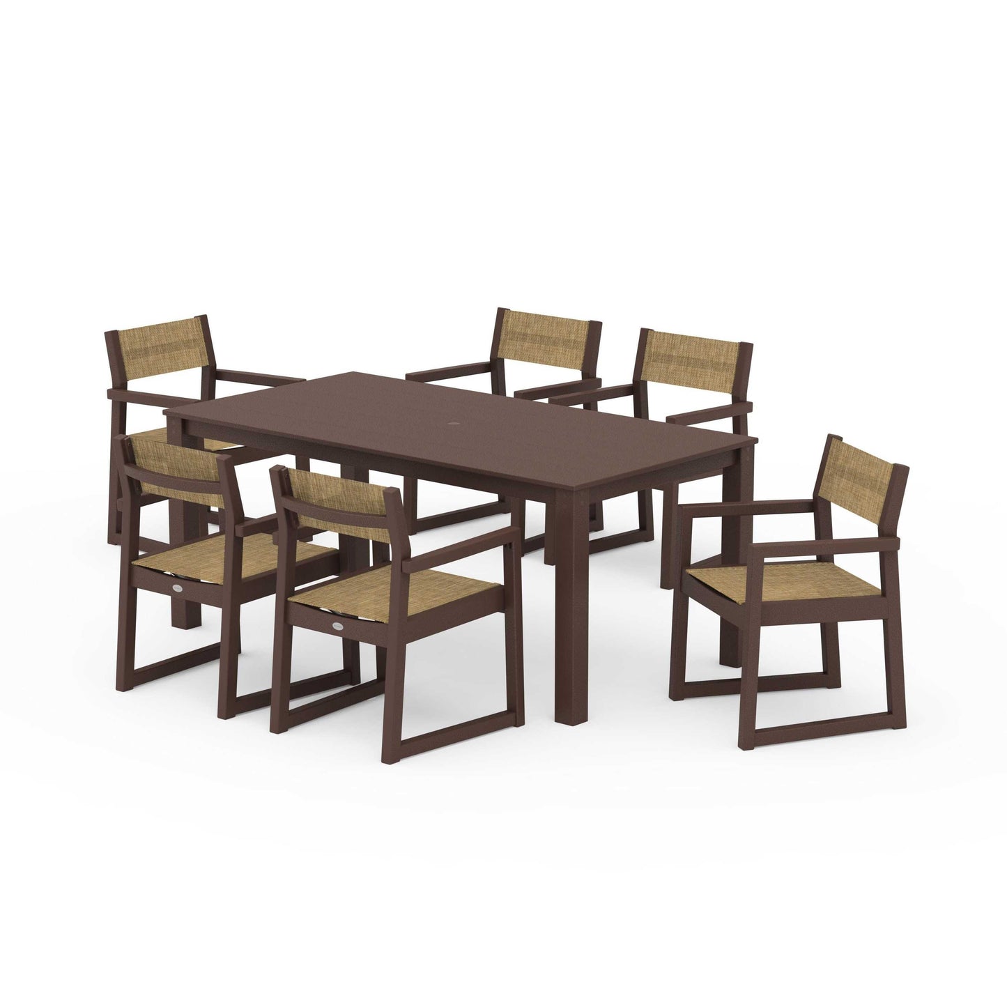 POLYWOOD EDGE Sling Arm Chair 7-Piece Parsons Dining Set — Mahogany / Burlap Sling