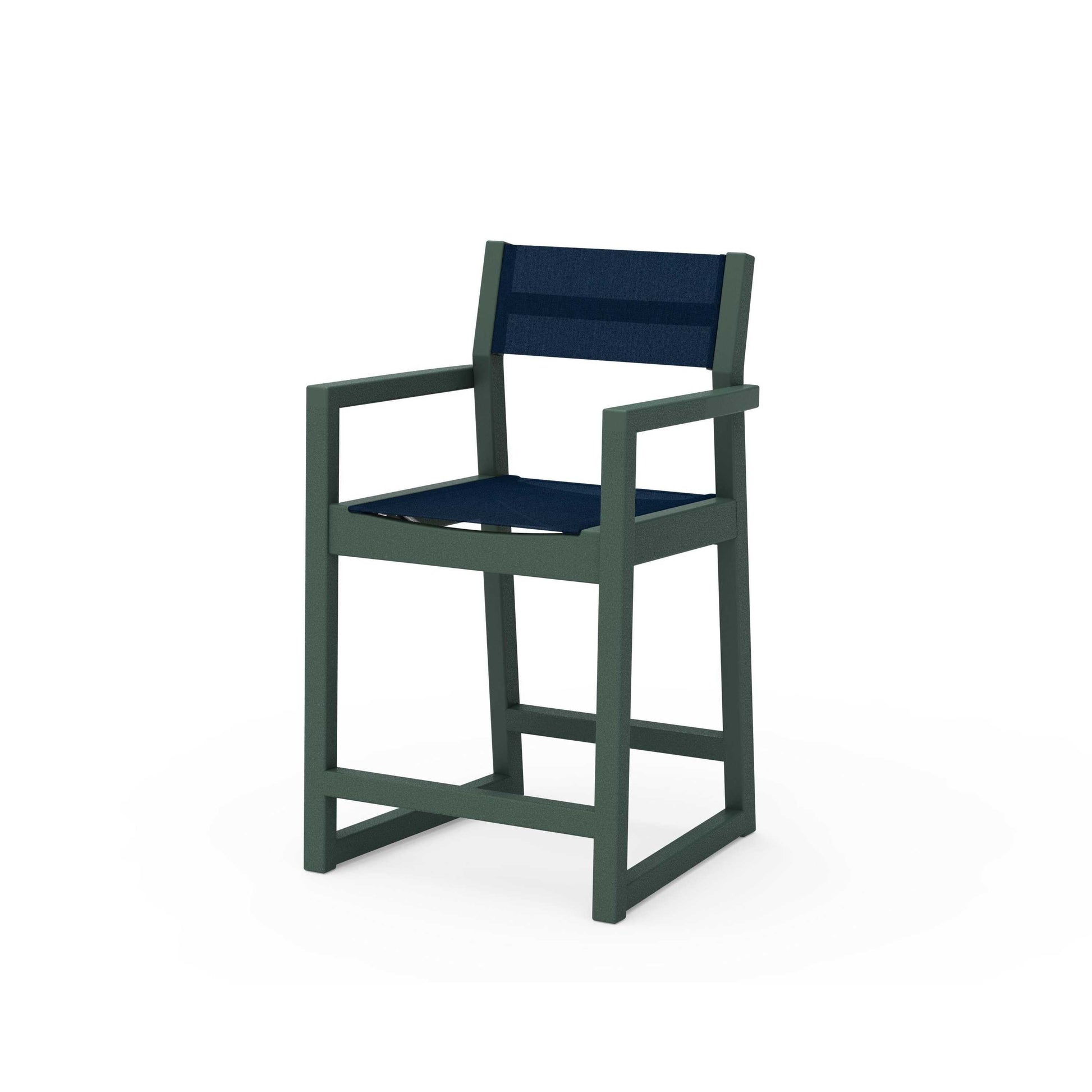 POLYWOOD EDGE Sling Counter Arm Chair — Green / Navy Blue Sling