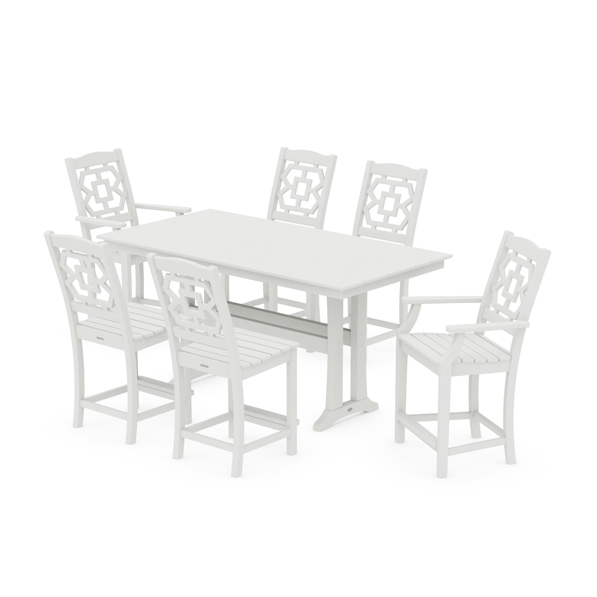 POLYWOOD Chinoiserie 7-Piece Farmhouse Counter Set with Trestle Legs — Vintage White