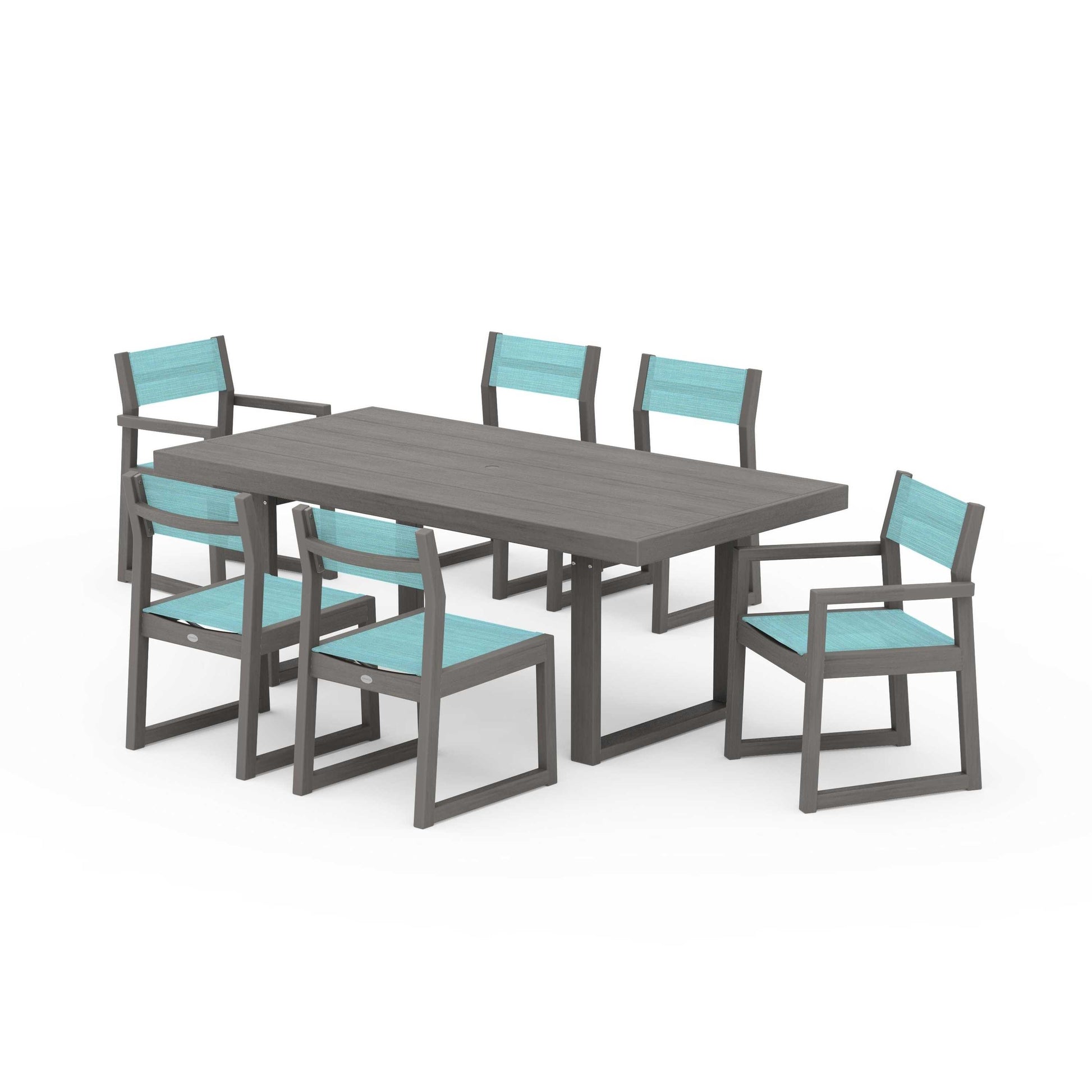 POLYWOOD EDGE Sling 7-Piece Dining Set — Driftwood / Dupioni Aquamarine Sling