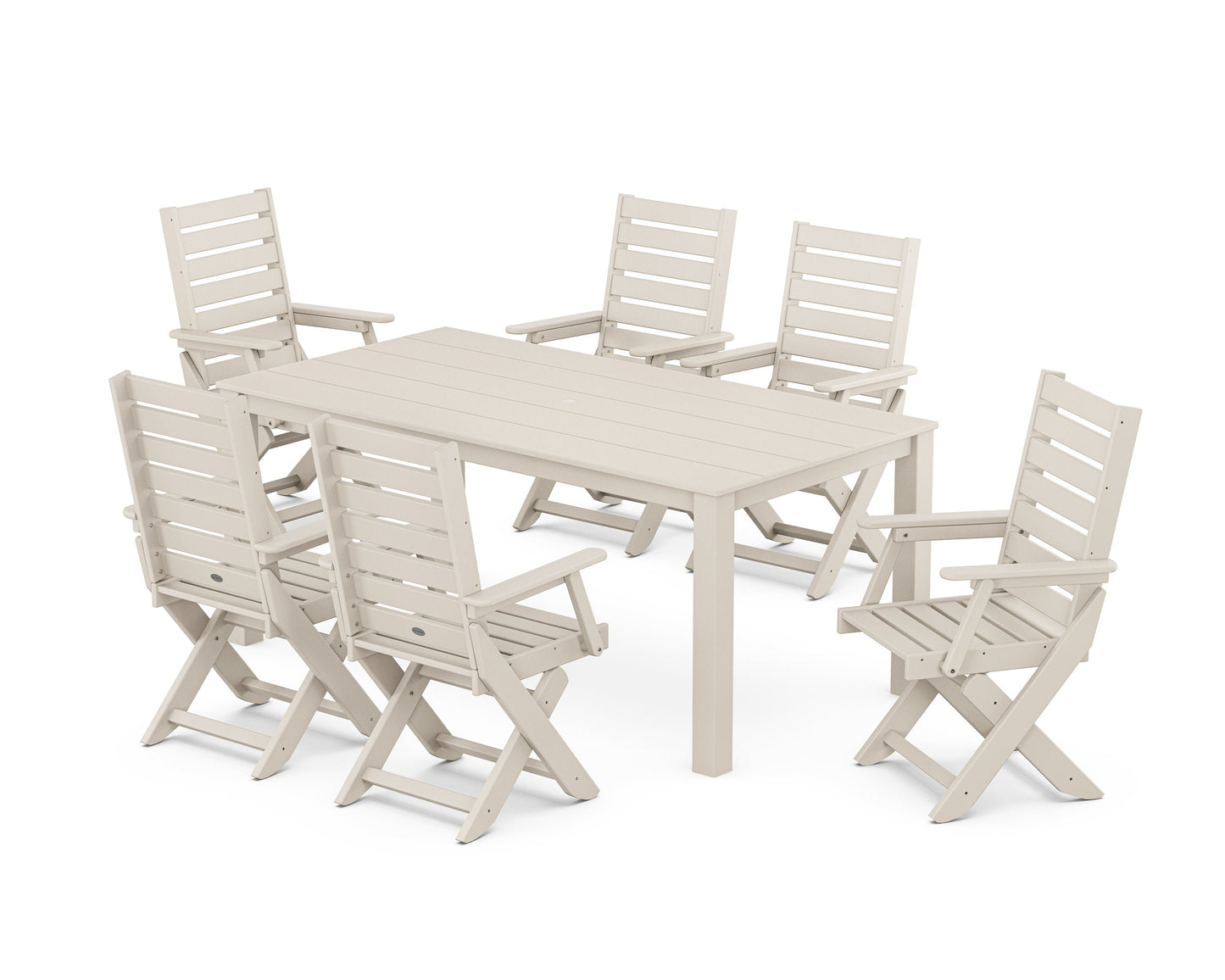 POLYWOOD Captain Folding Chair 7-Piece Parsons Dining Set — Sand