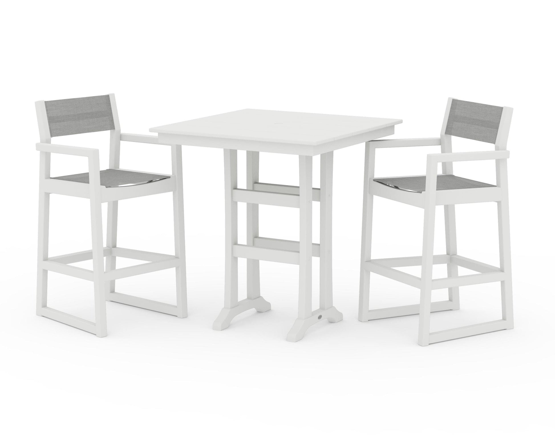 POLYWOOD EDGE Sling Arm Chair 3-Piece Farmhouse Bar Set with Trestle Legs — Vintage White / Metallic Sling