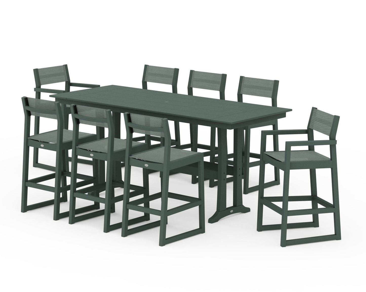 POLYWOOD EDGE Sling 9-Piece Farmhouse Bar Set with Trestle Legs — Green / Dupioni Sea Mist Sling
