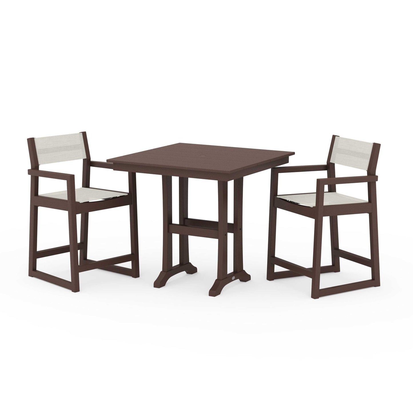 POLYWOOD EDGE Sling Arm Chair 3-Piece Farmhouse Counter Set with Trestle Legs — Mahogany / Parchment Sling