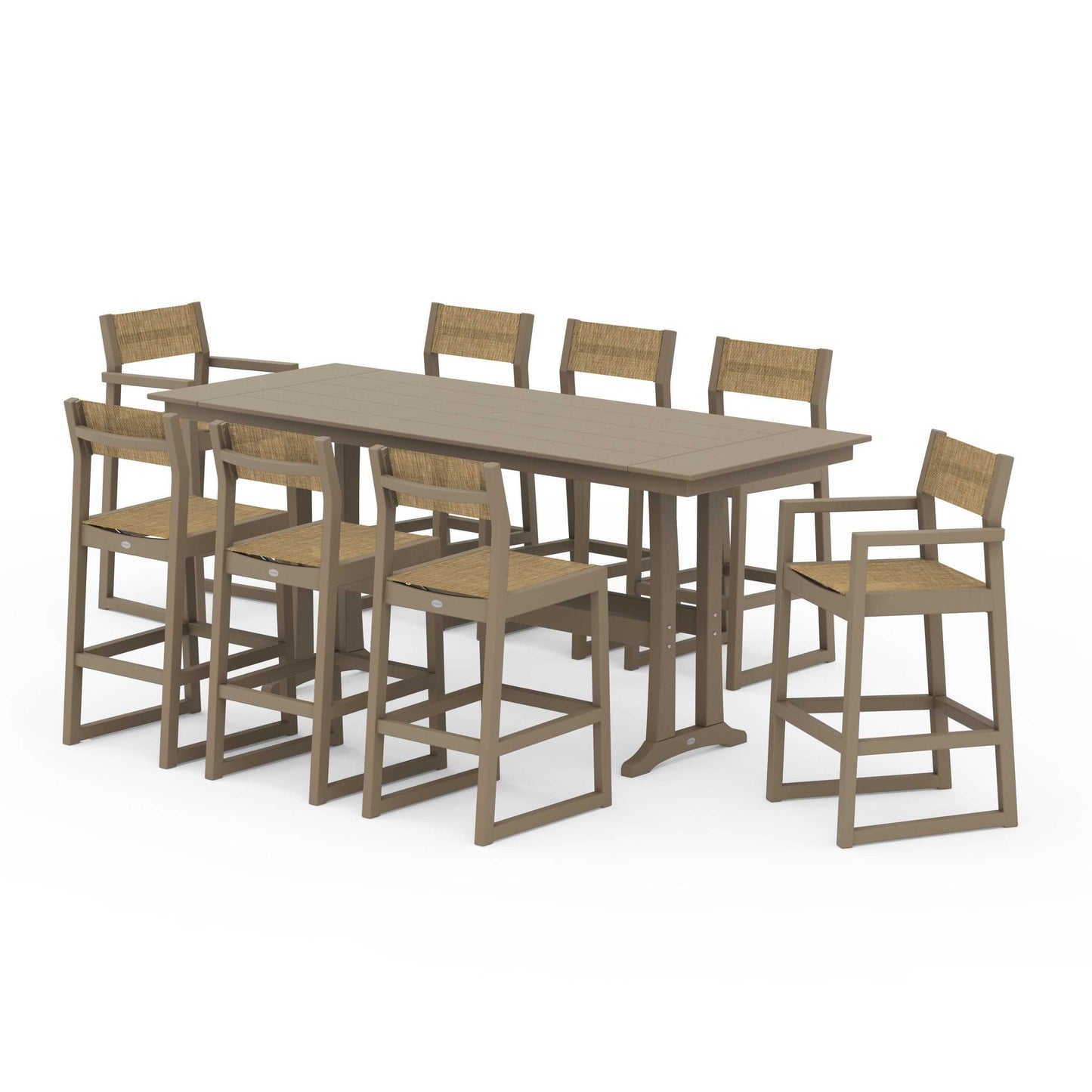 POLYWOOD EDGE Sling 9-Piece Farmhouse Bar Set with Trestle Legs — Vintage Sahara / Burlap Sling