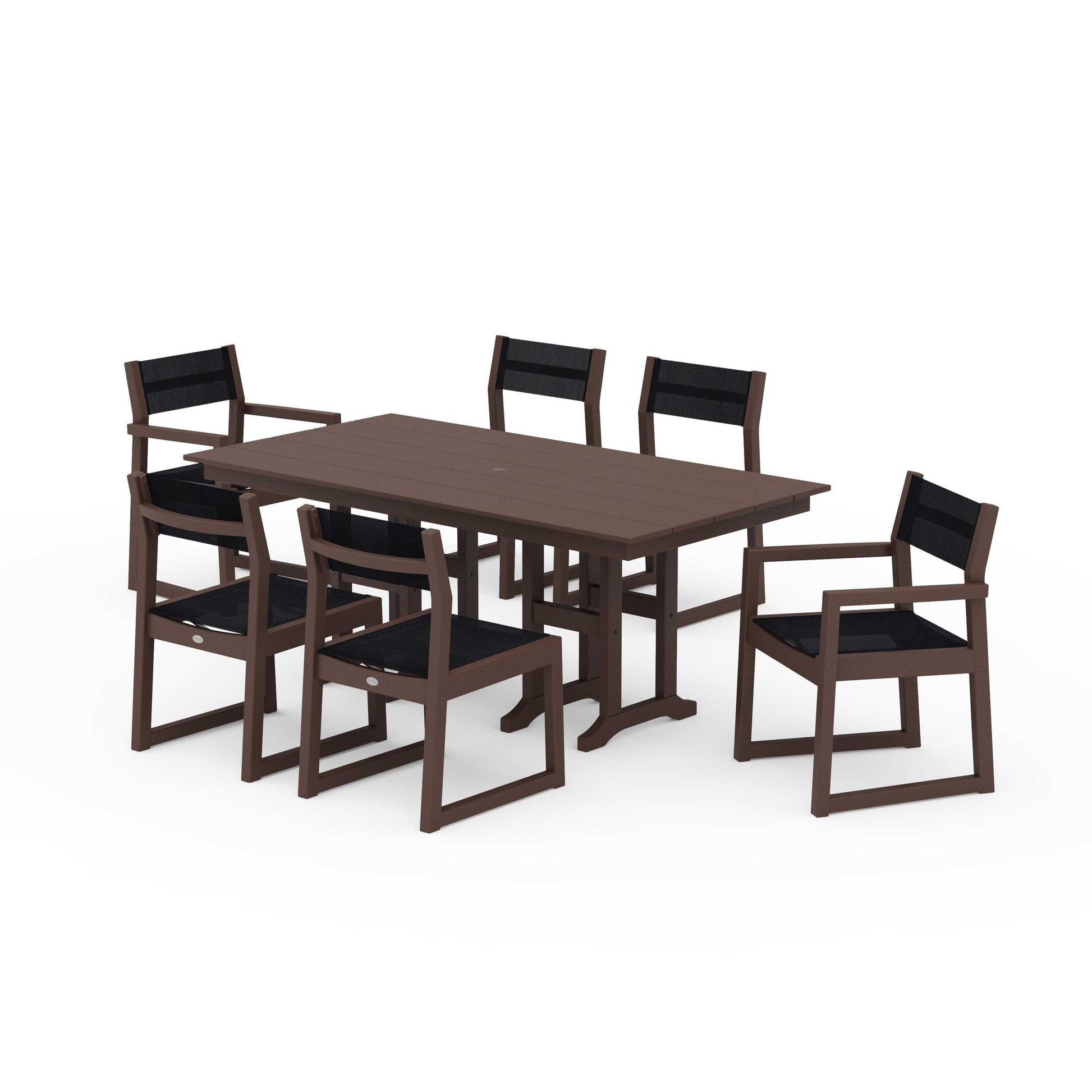 POLYWOOD EDGE Sling 7-Piece Farmhouse Dining Set — Mahogany / Black Sling