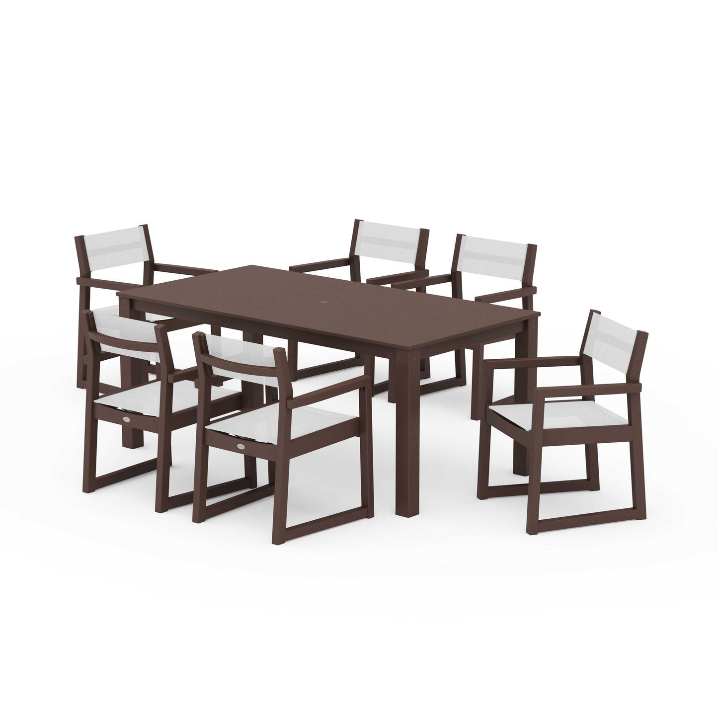 POLYWOOD EDGE Sling Arm Chair 7-Piece Parsons Dining Set — Mahogany / White Sling
