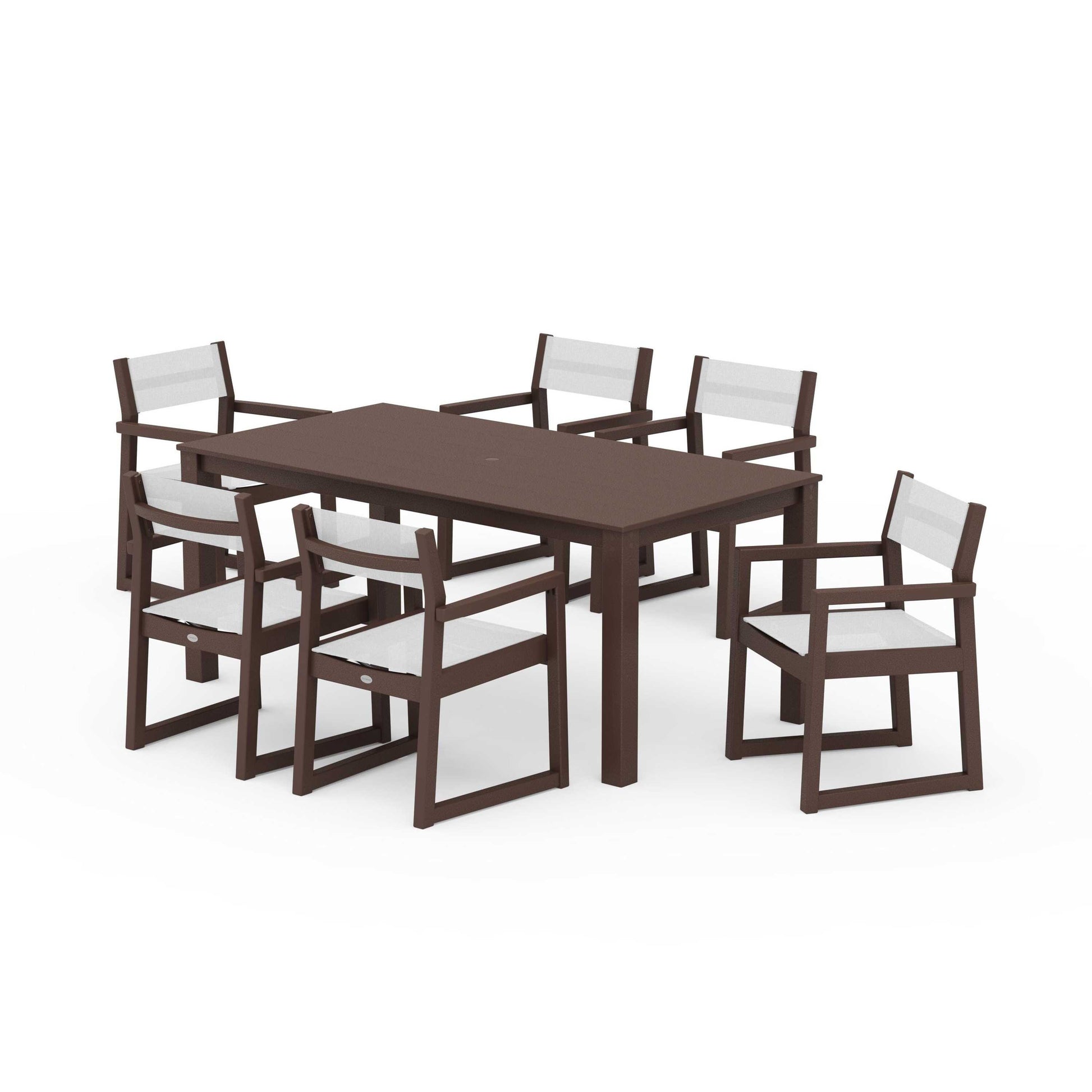 POLYWOOD EDGE Sling Arm Chair 7-Piece Parsons Dining Set — Mahogany / White Sling