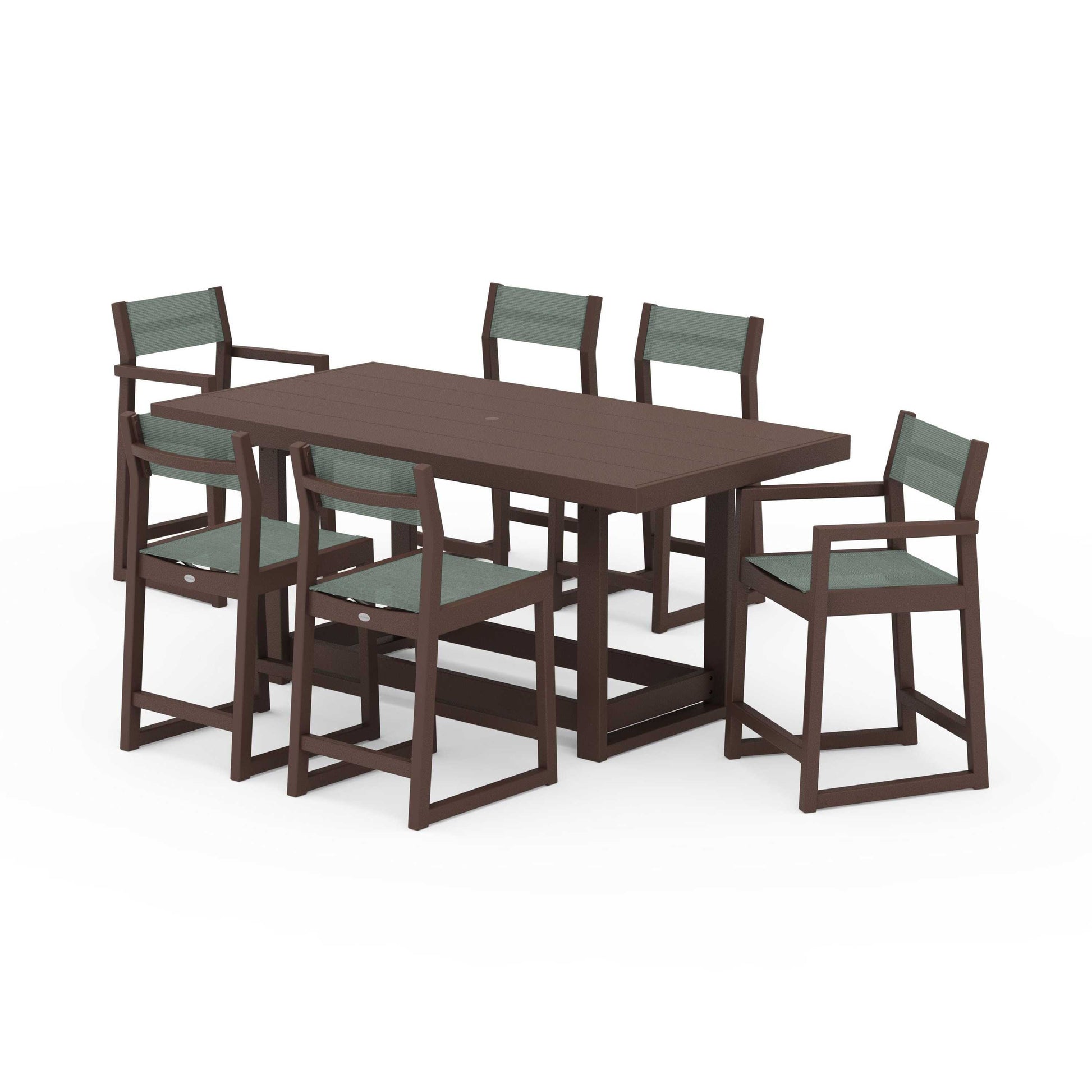POLYWOOD EDGE Sling 7-Piece Counter Table Set — Mahogany / Dupioni Sea Mist Sling